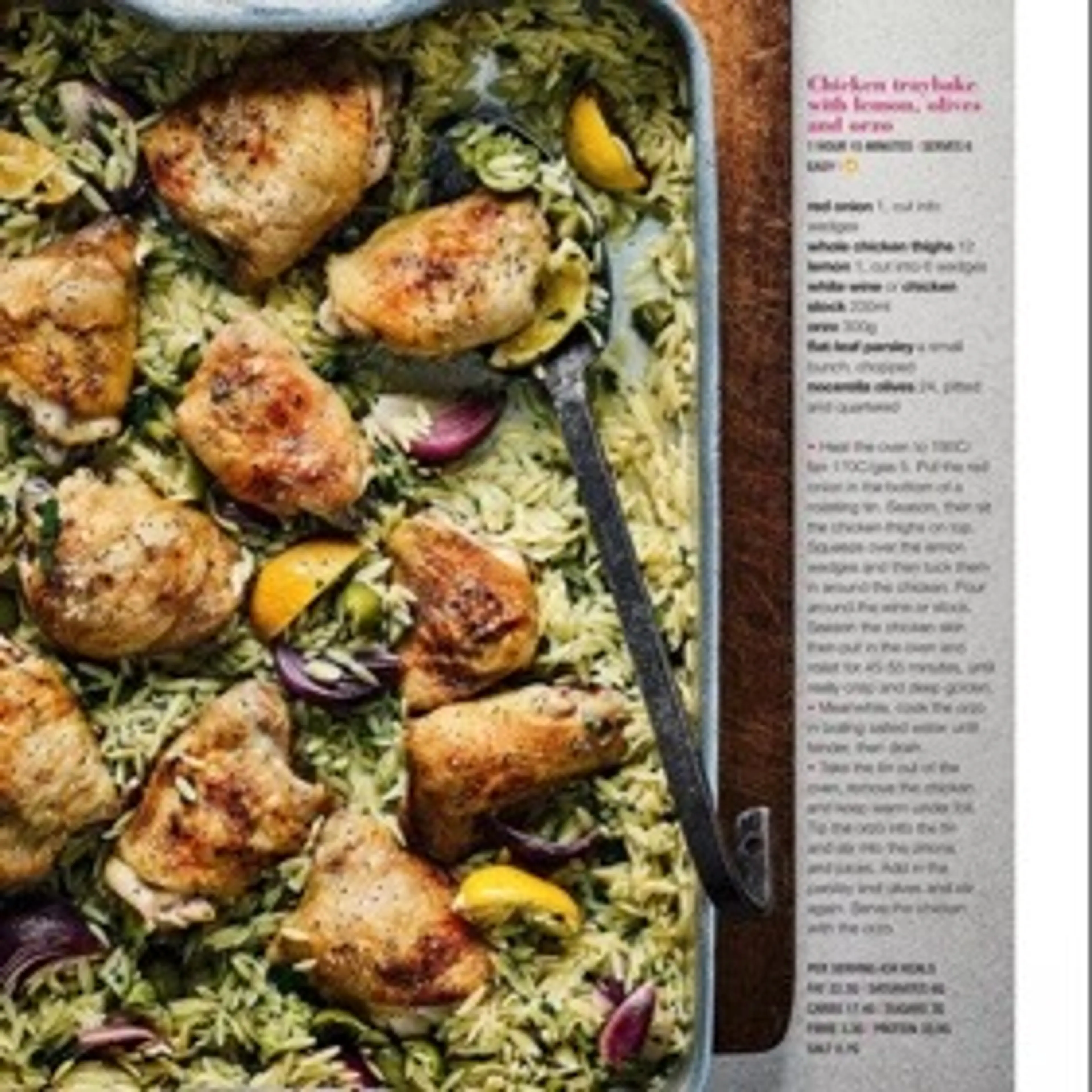 Chicken traybake with lemon,olives and orzo
