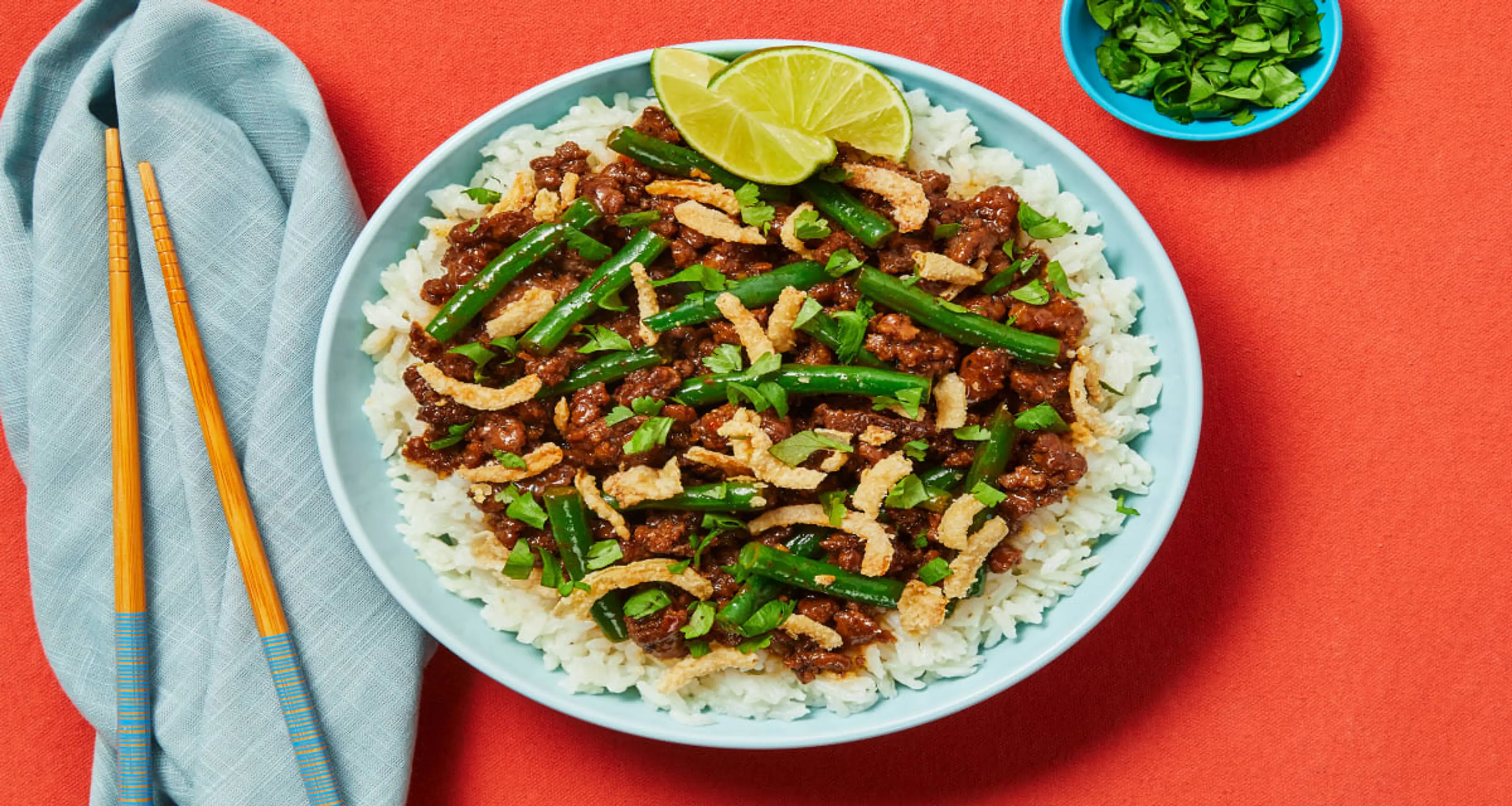 Sweet Chili Beef & Green Bean Bowls with Crispy Onions & Cil