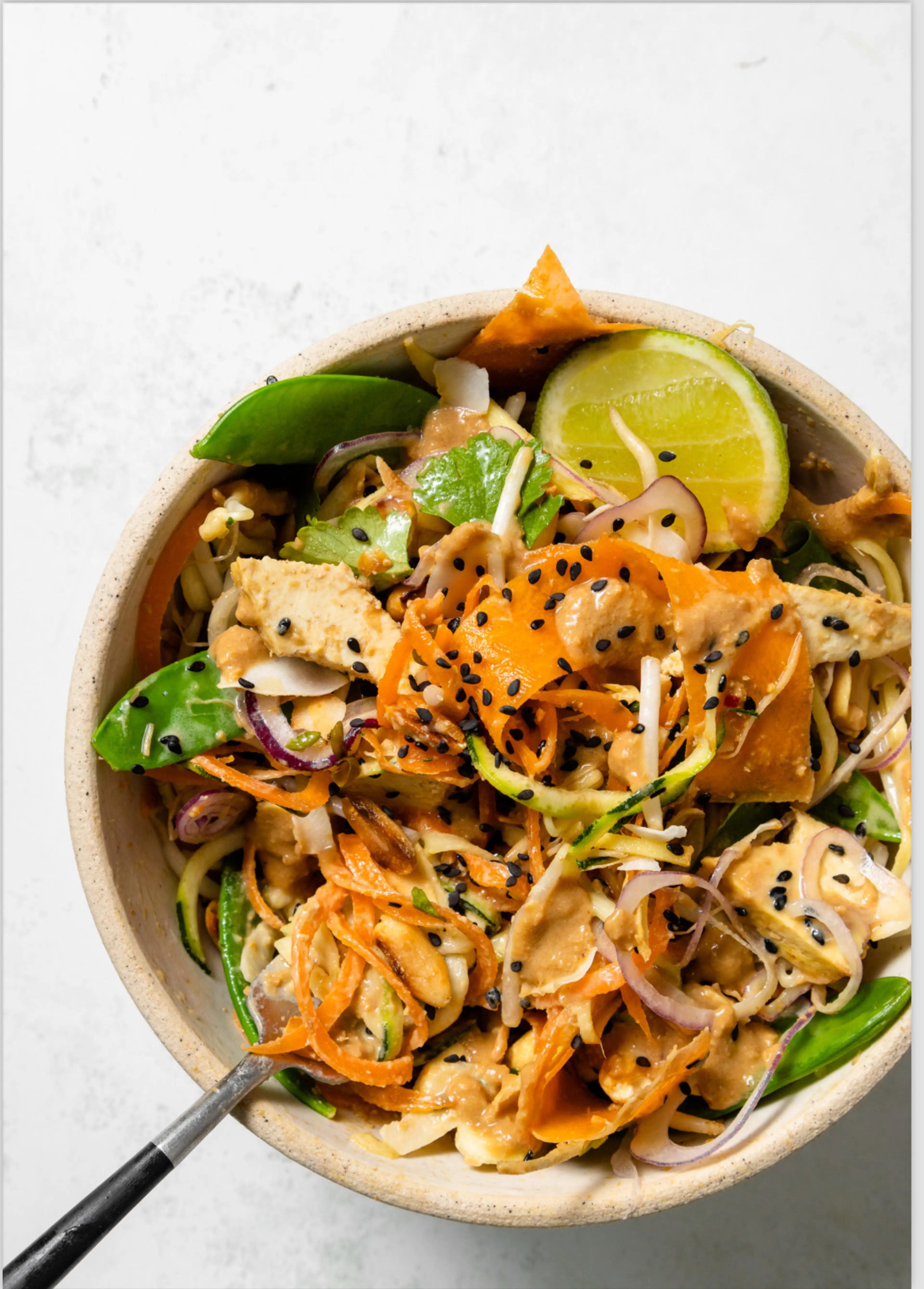 Raw Pad Thai with tempeh and a peanut dressing