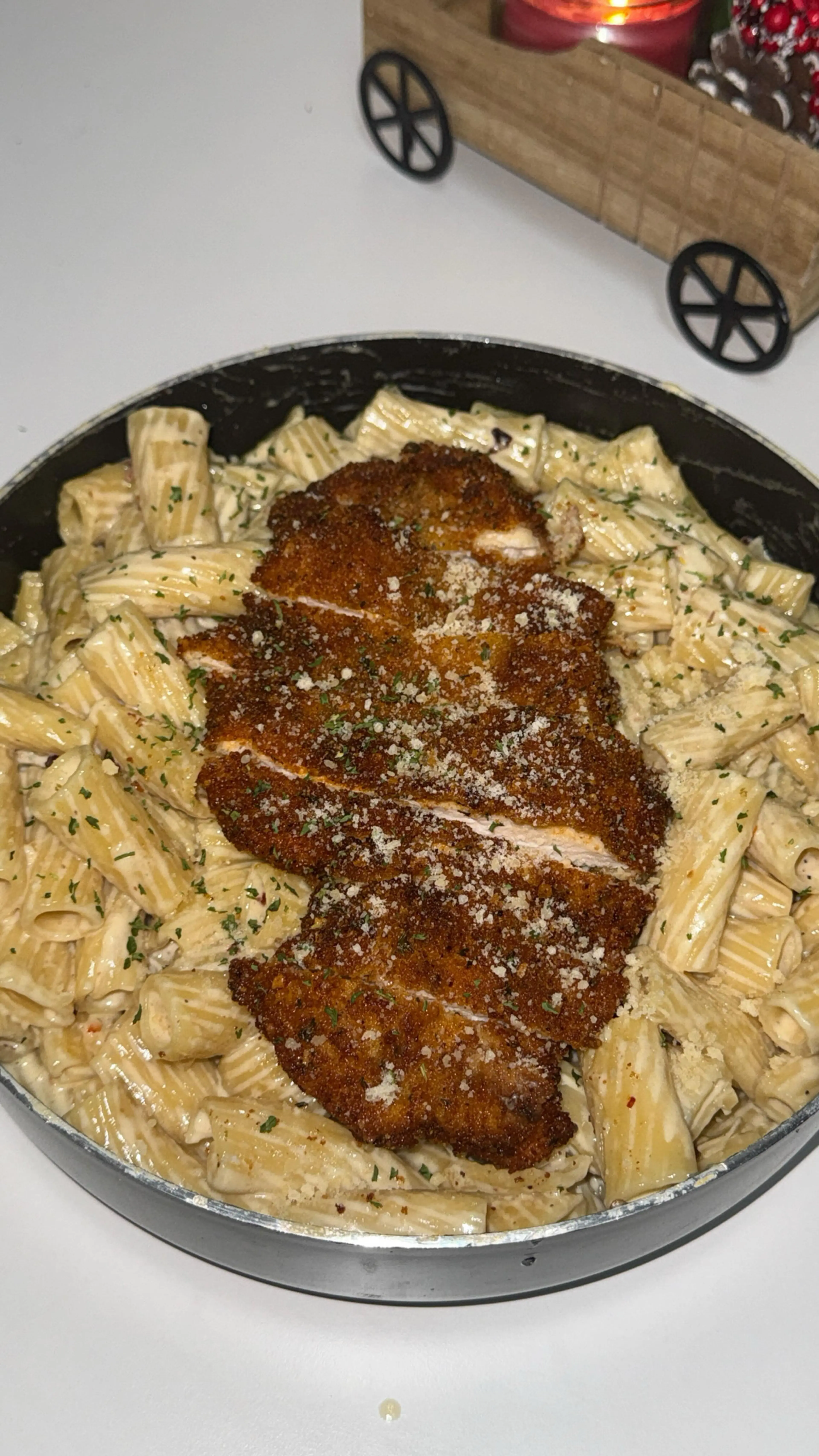 Creamy Garlic Pasta with Crispy Chicken Recipe Below