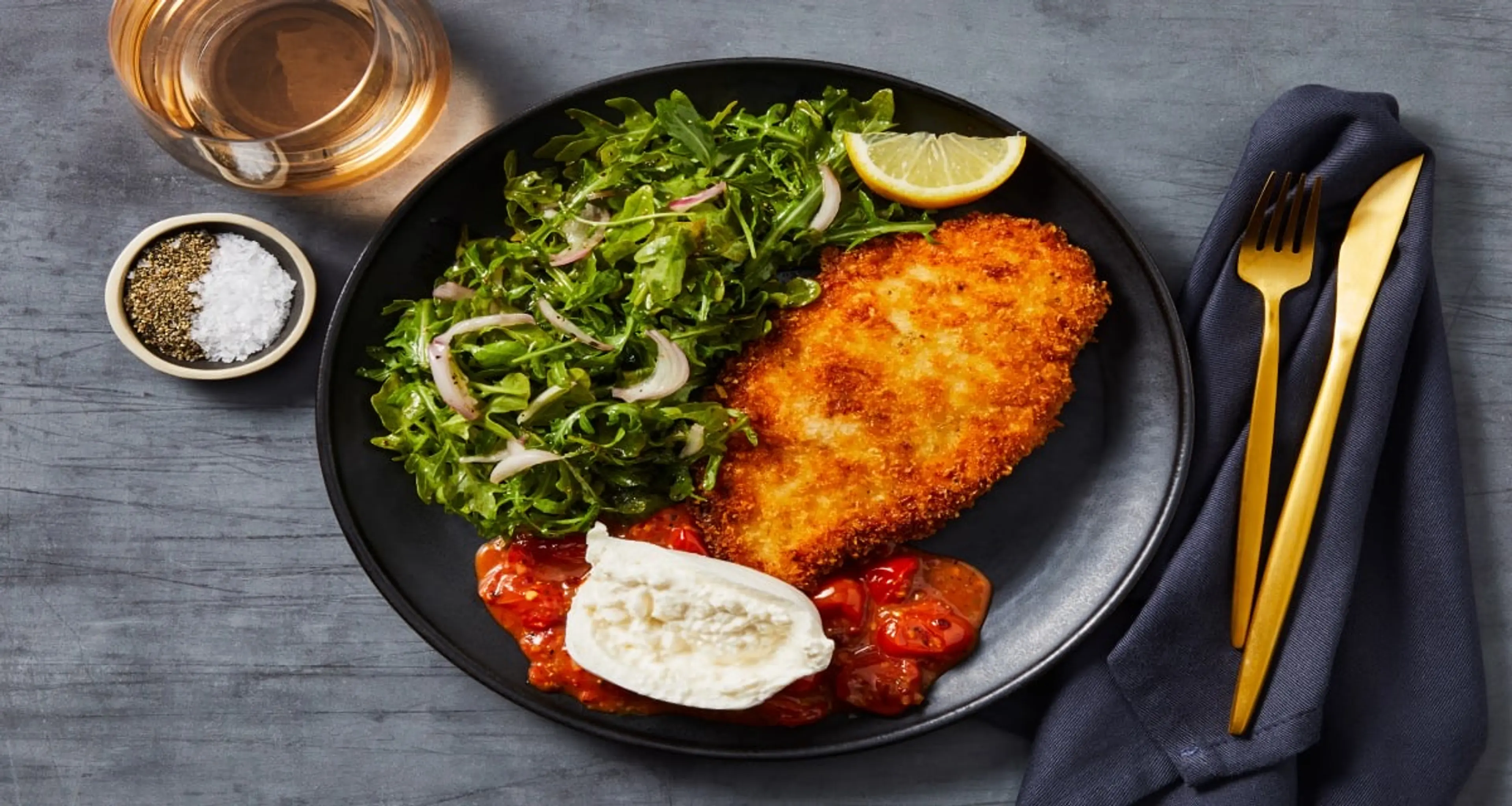 Crispy Chicken Milanese with Burrata plus Burst Tomato Sauce