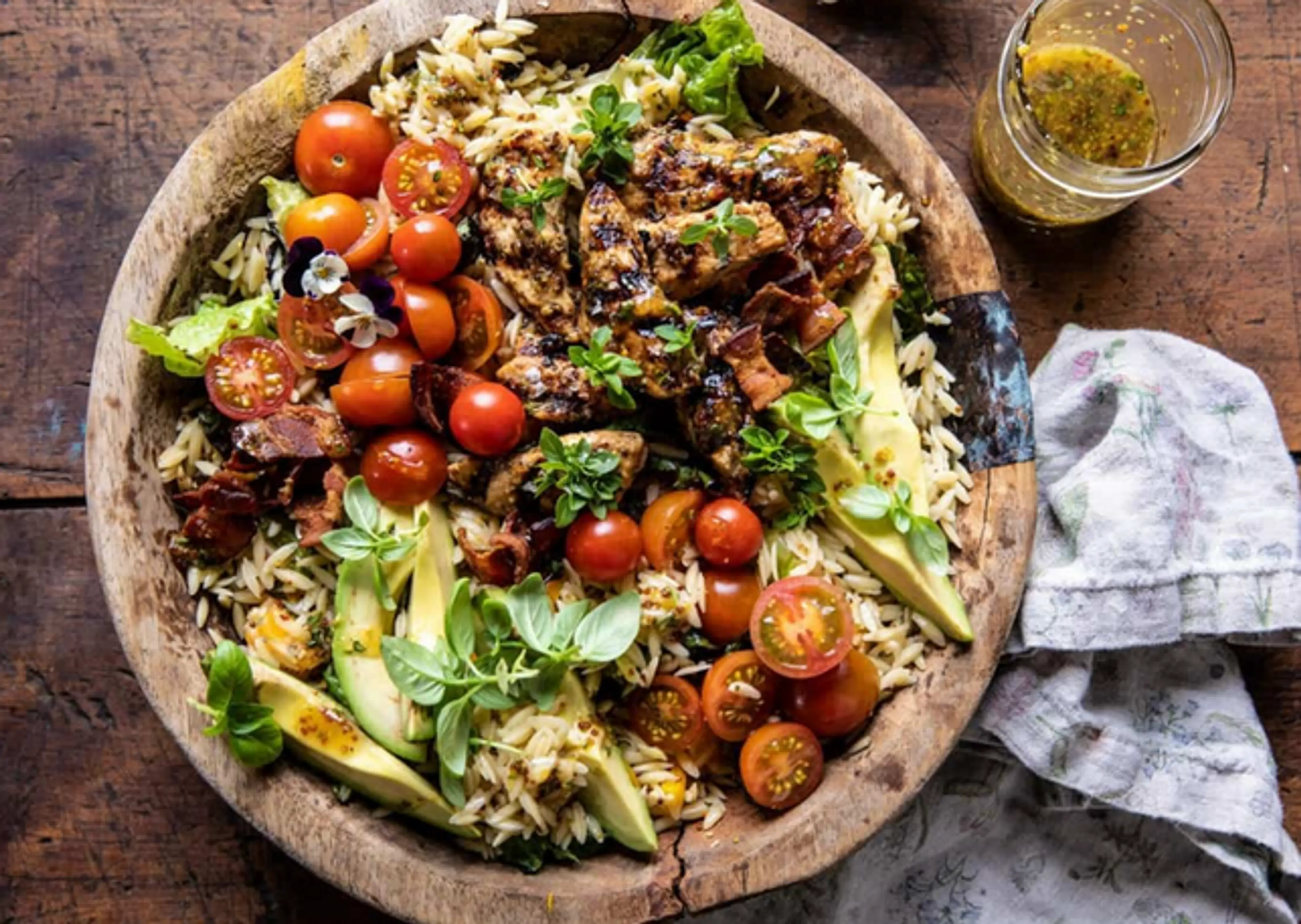 Grilled Lemon Herb Chicken Avo Orzo Salad w Honey Mustard