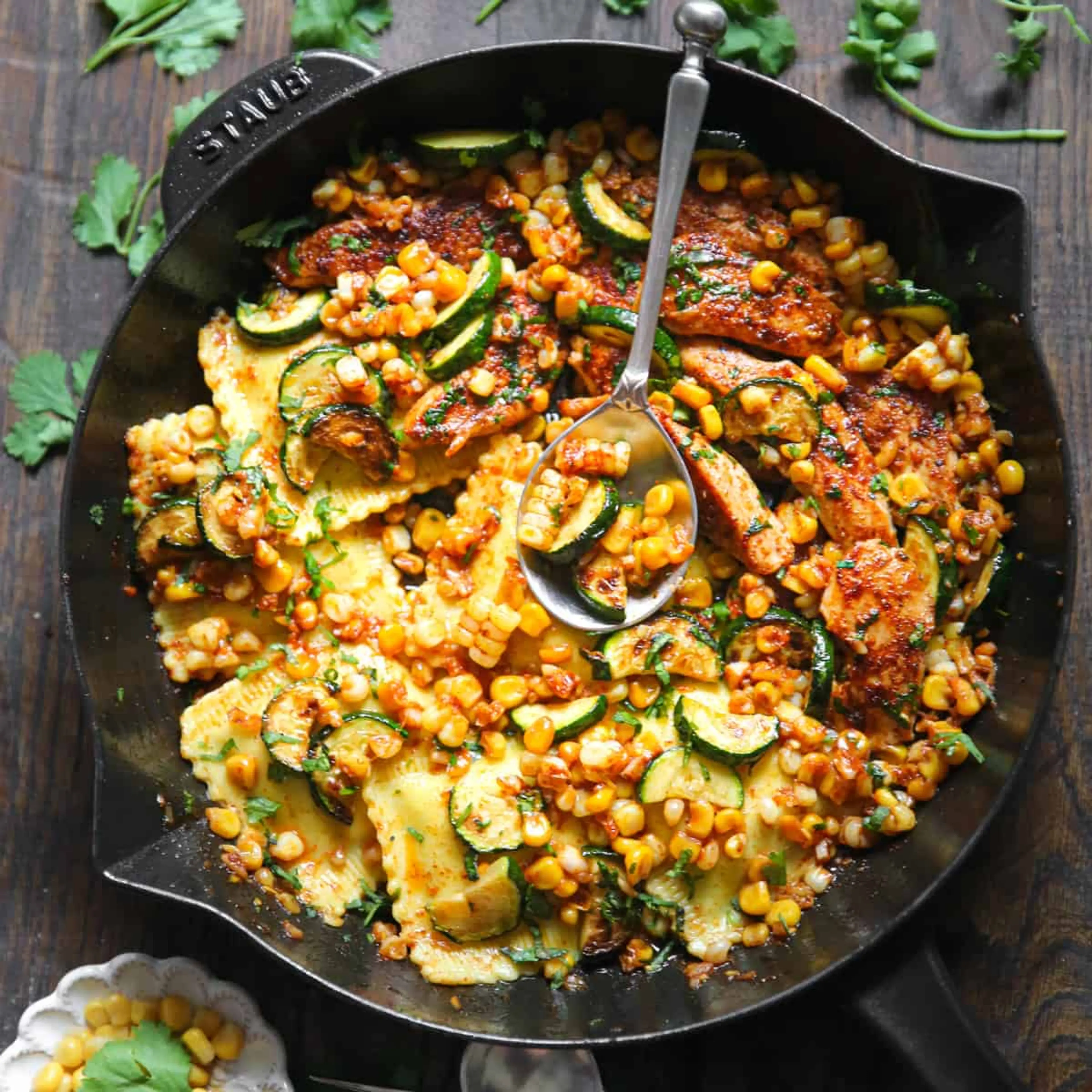 Garlic Butter Chicken with Zucchini, Corn, and Ravioli