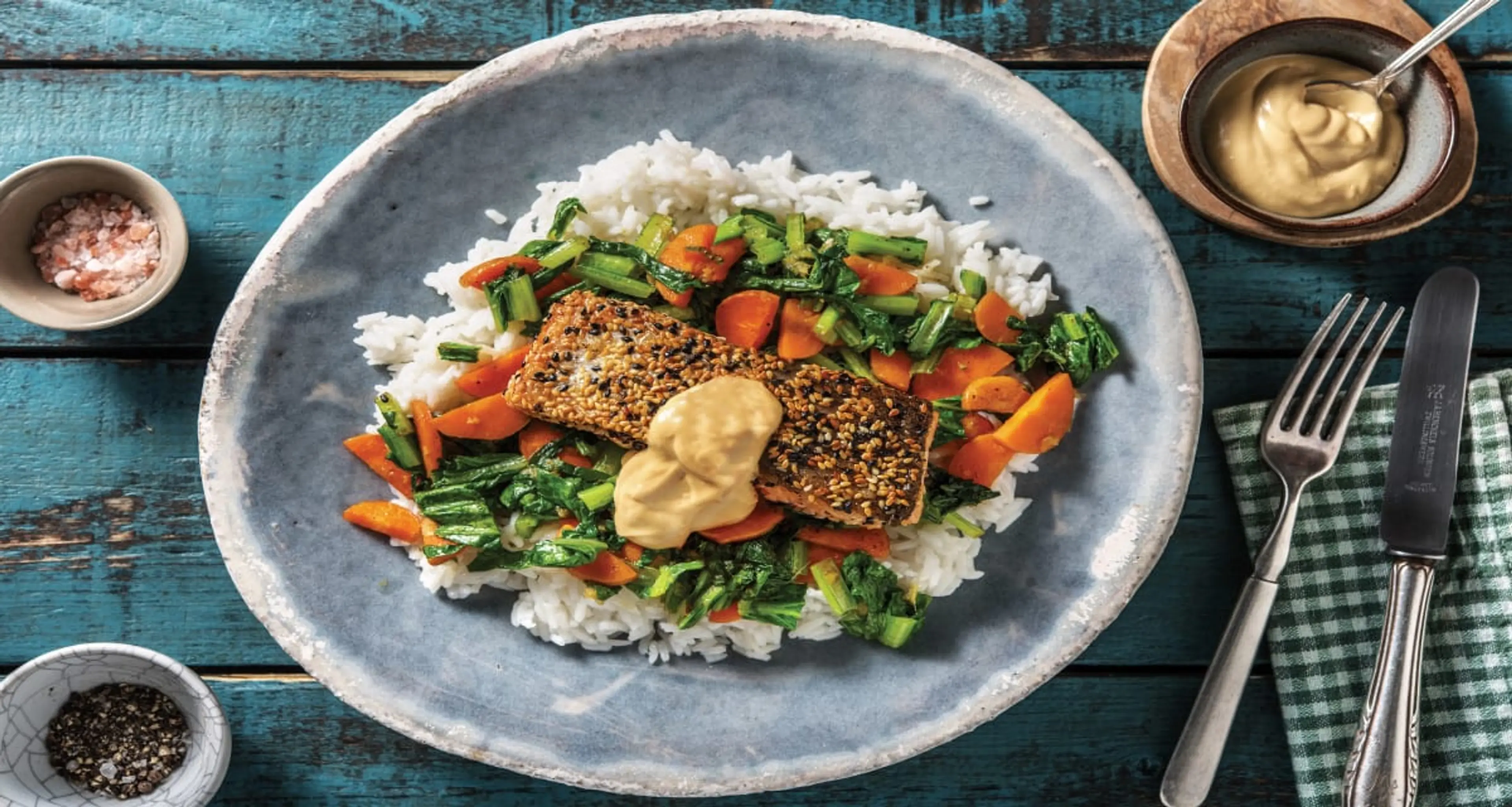 Sesame-Crusted Salmon & Ginger Veggies with Garlic Rice