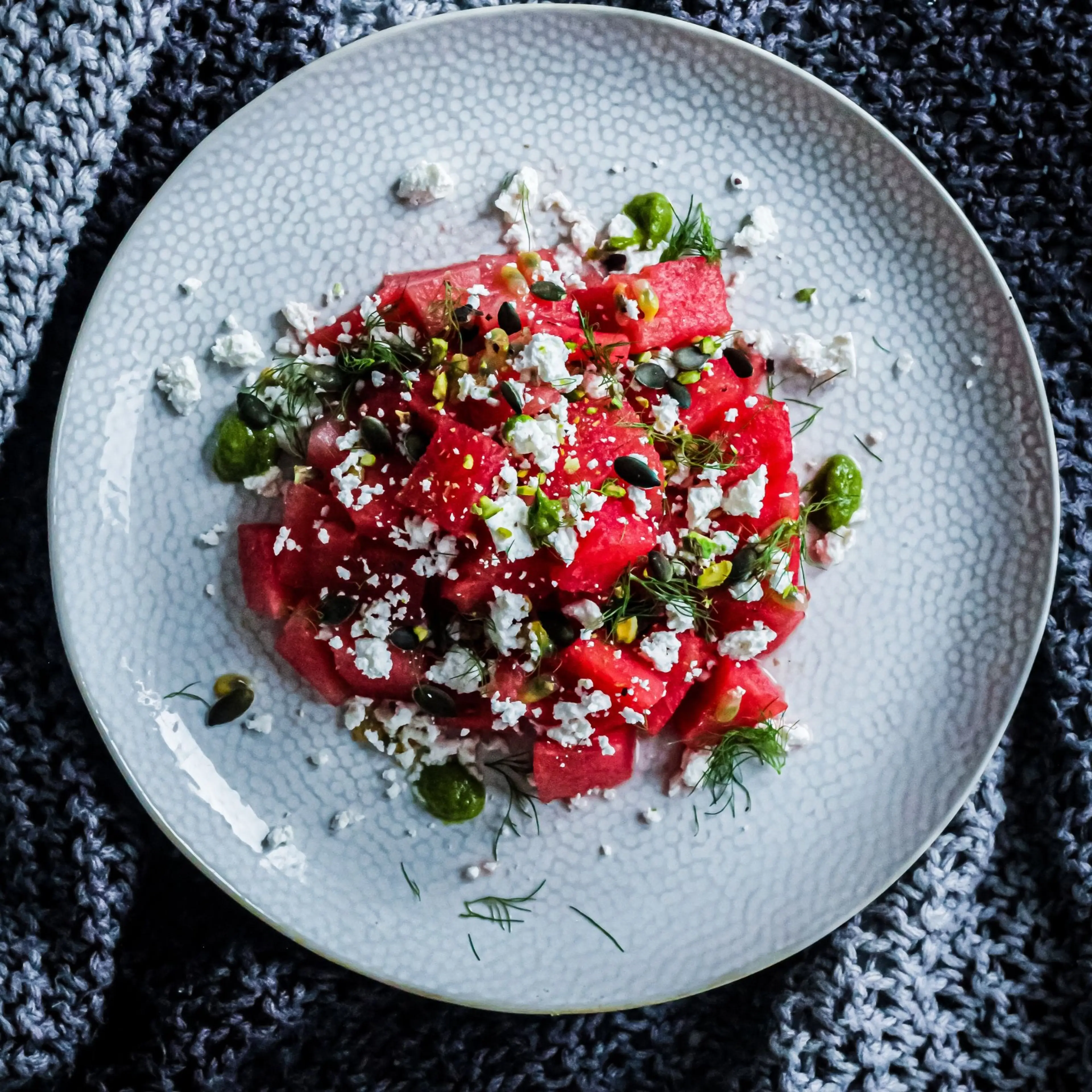 Watermelon Feta Salad with Pumpkin Seeds, Pistachios, and Di