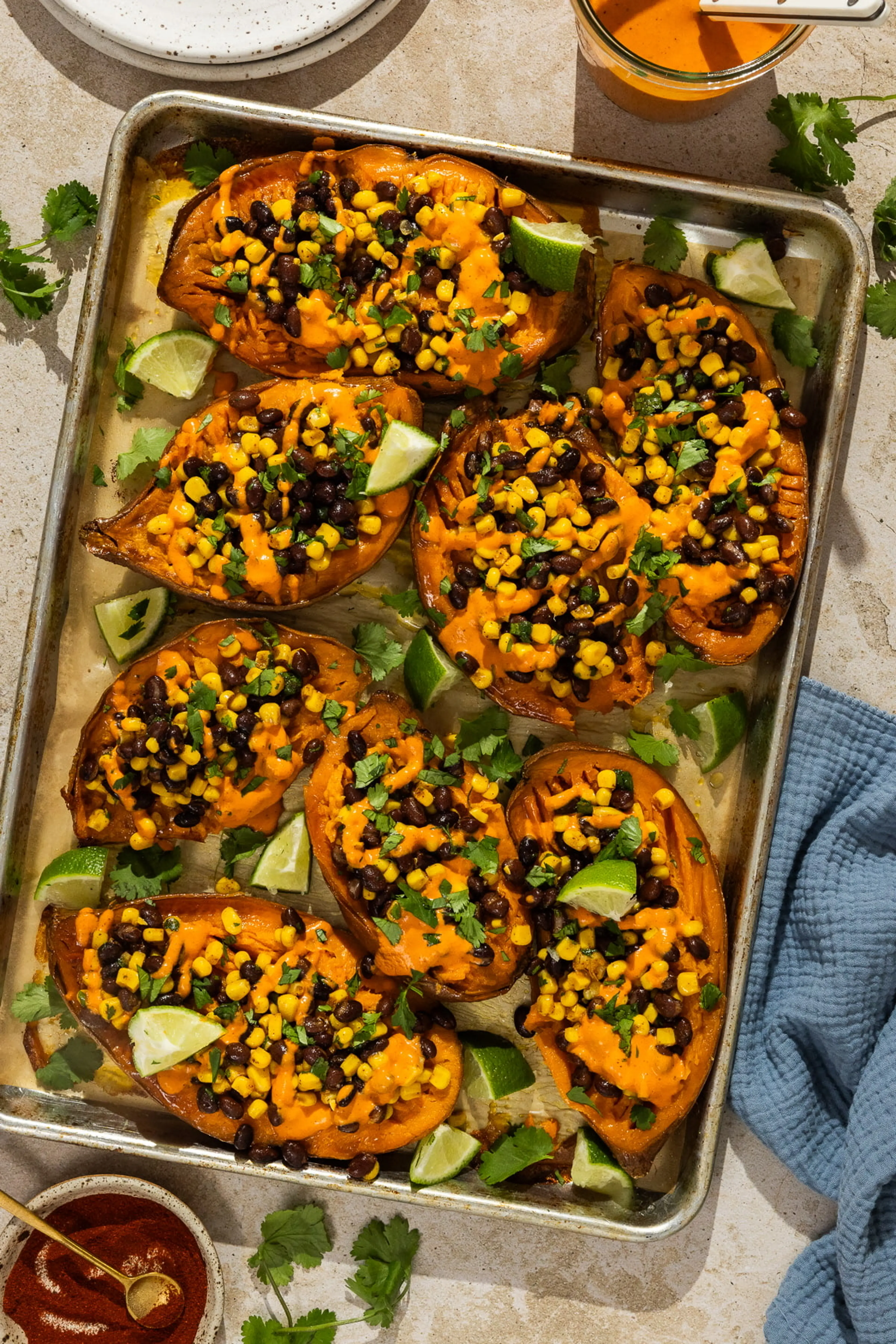 Stuffed Sweet Potatoes with Smokey Red Pepper Sauce