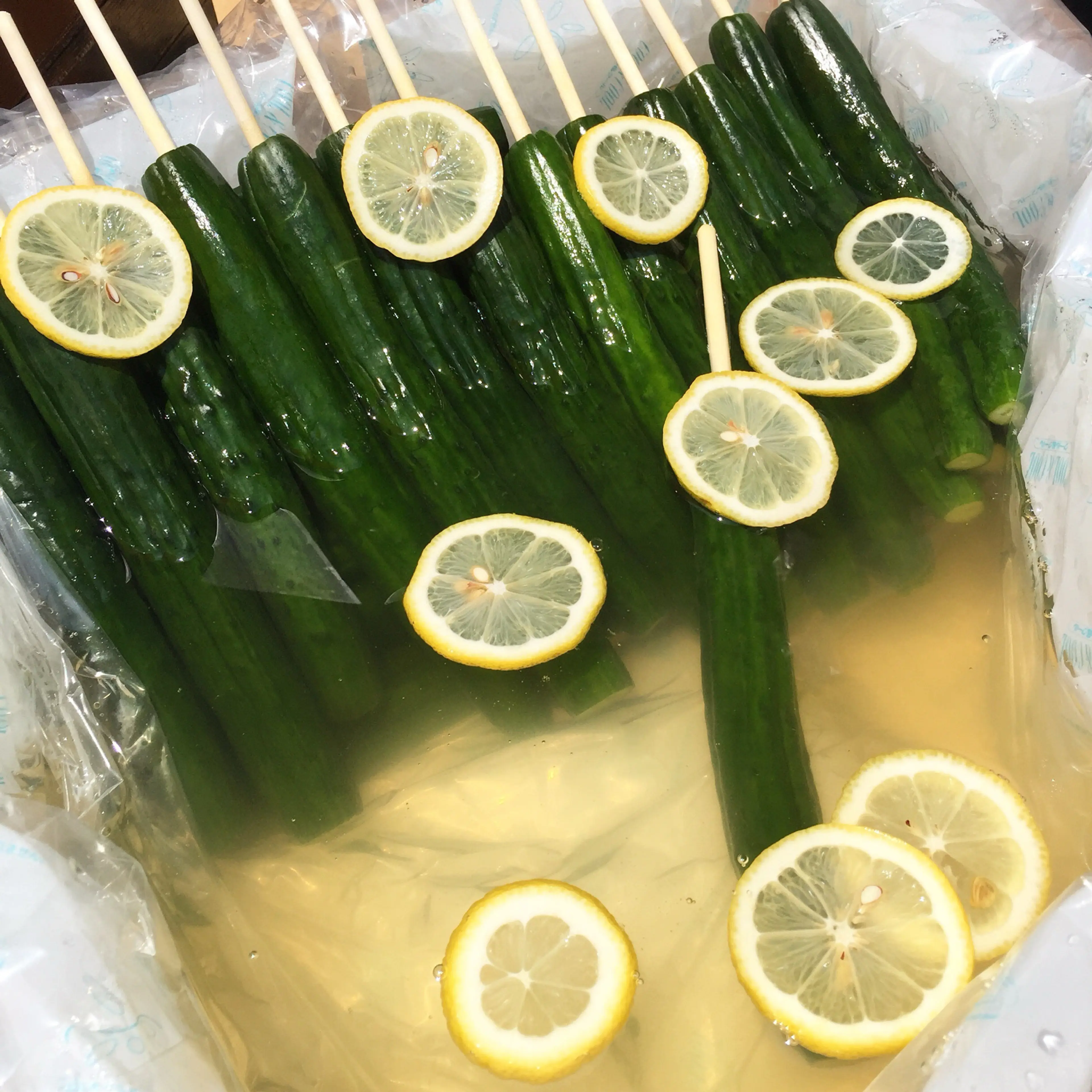 kyuri asa-zuke (Japanese pickled cucumber on a stick)