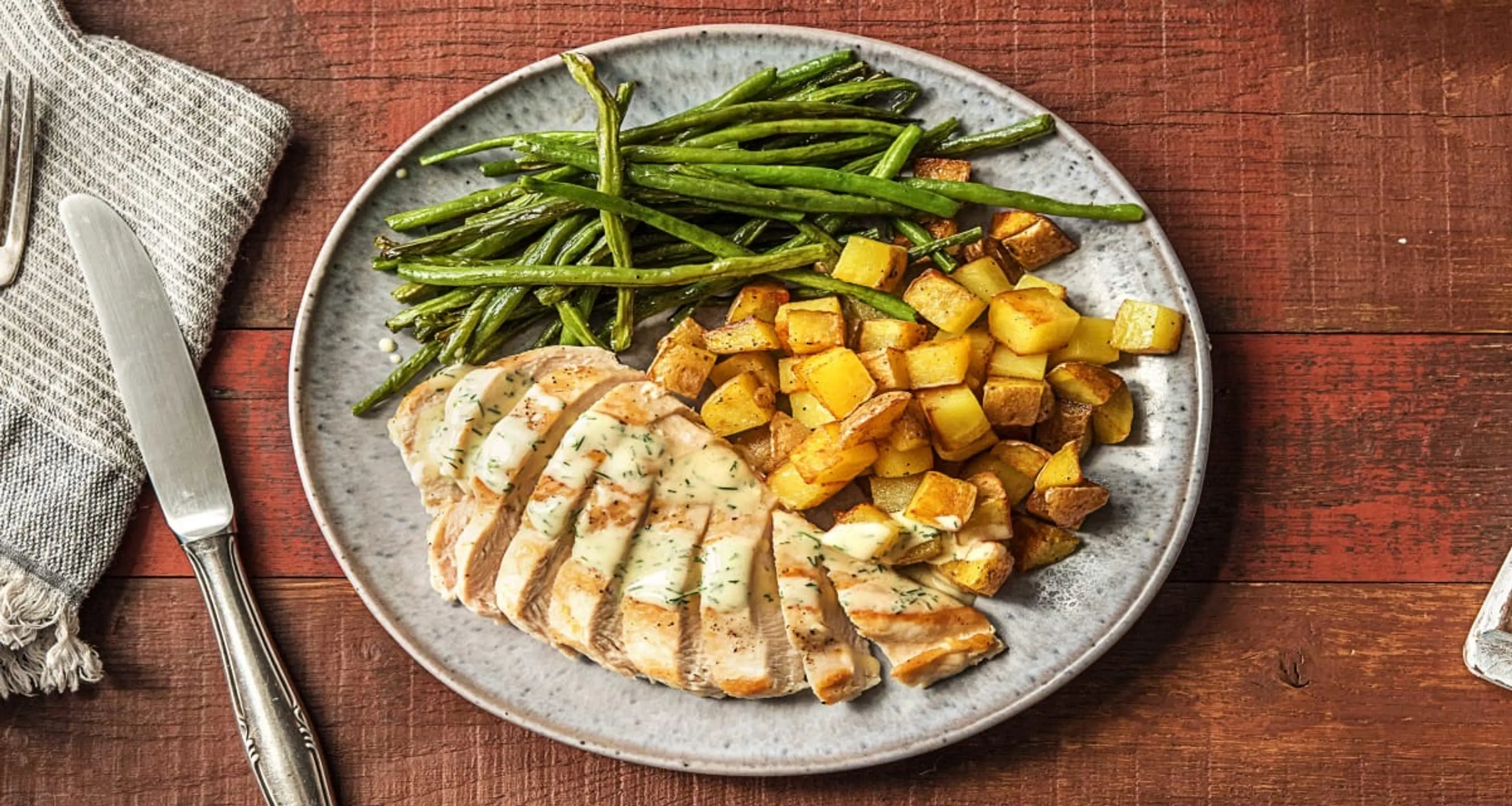 Creamy Dill Chicken with Roasted Potatoes and Green Beans