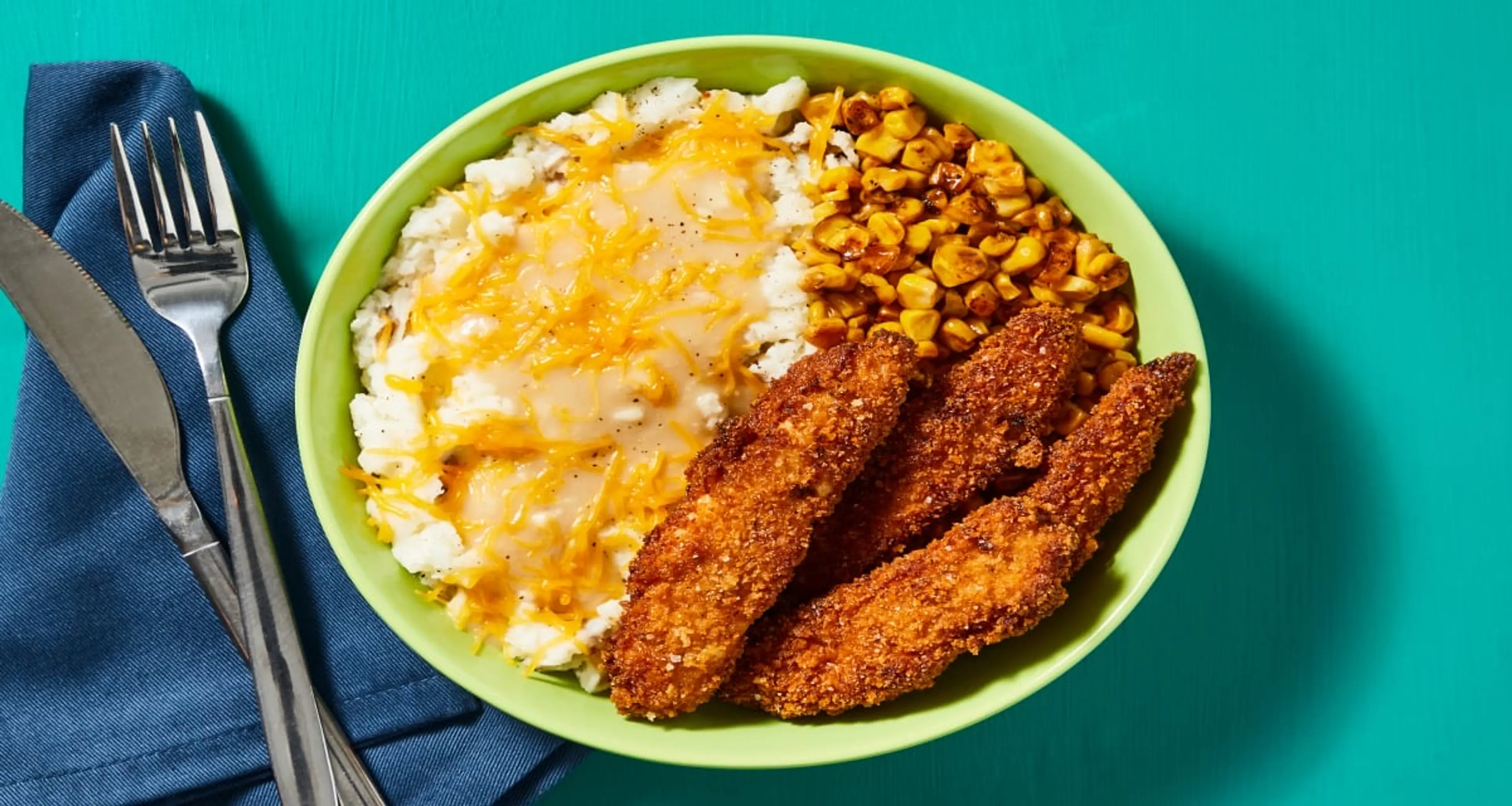 Crispy Chicken & Mashed Potato Bowls with Gravy, Charred Cor