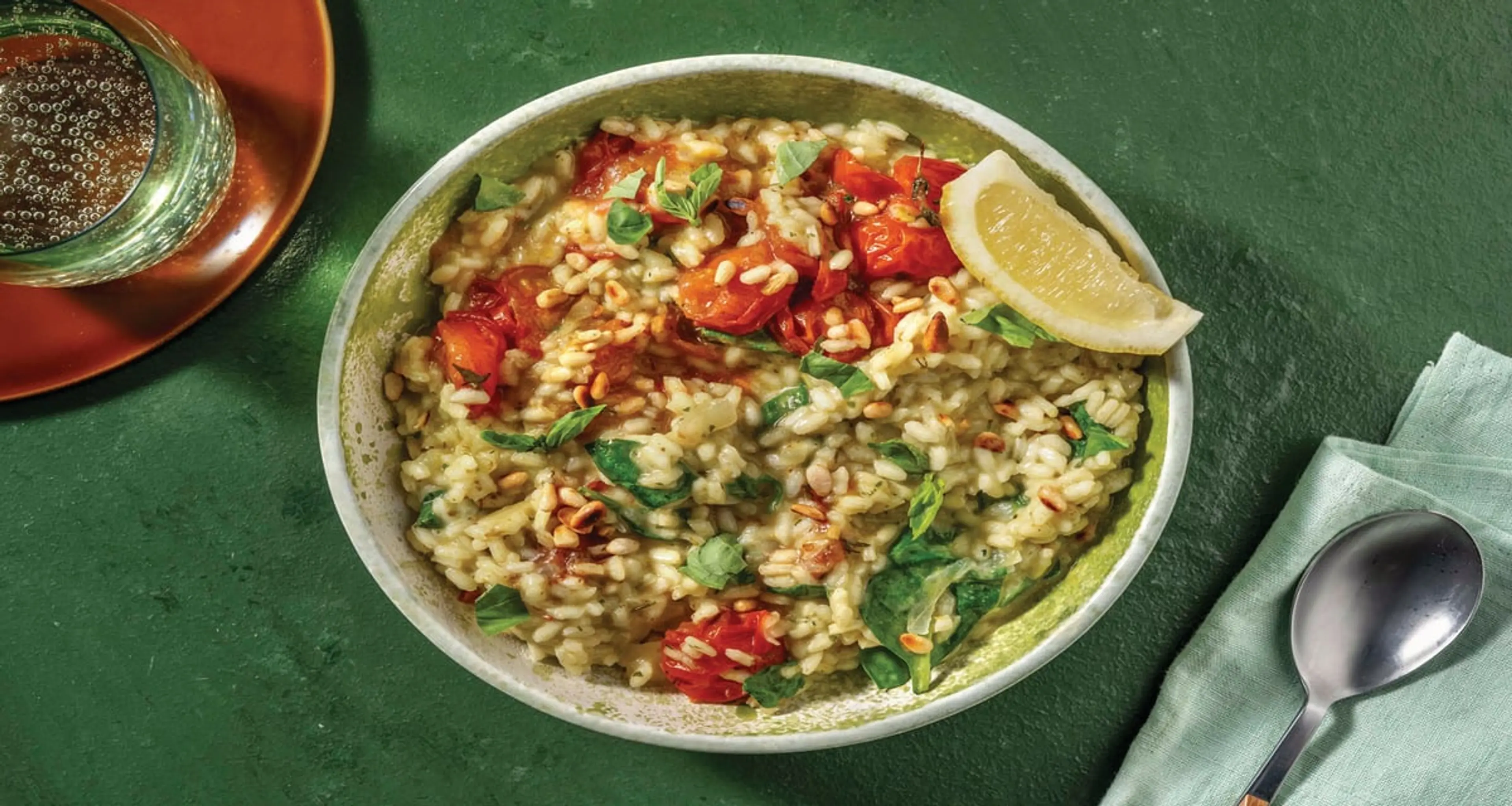 Baked Cherry Tomato & Pesto Risotto with Pine Nuts & Parmesa