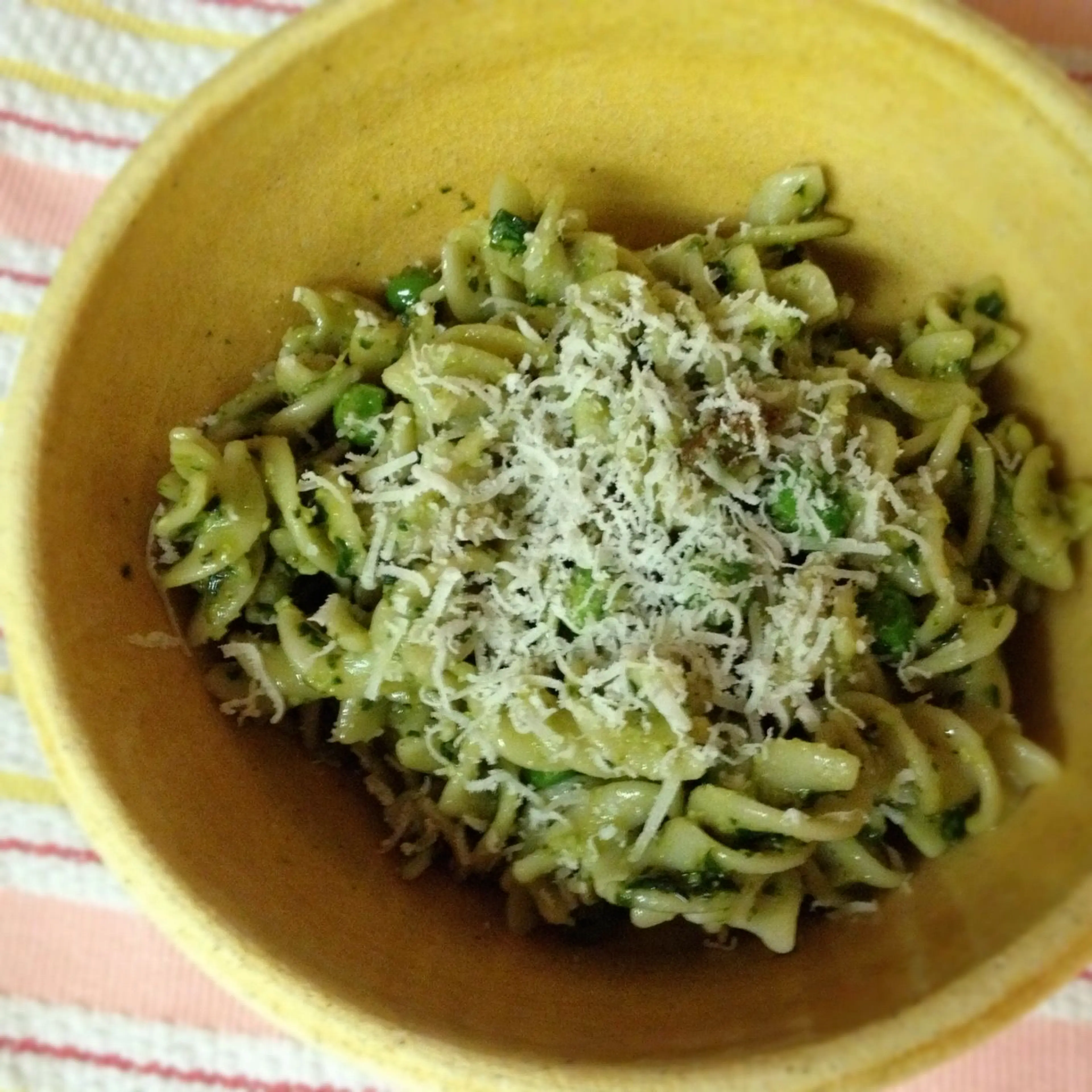 Fusilli with Pesto, Pancetta, and Peas
