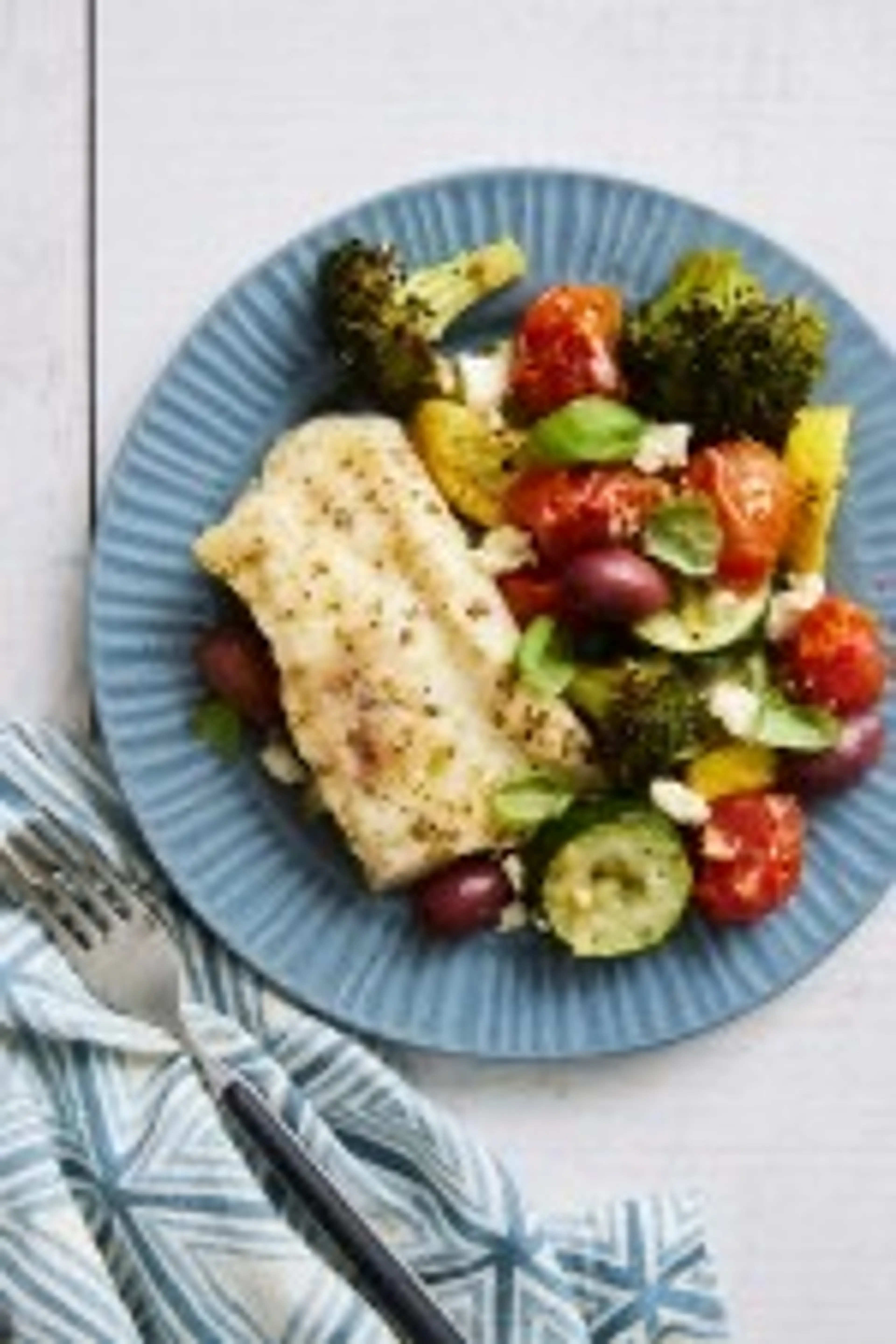 Sheet Pan Cod & Vegetables with Smashed Tomatoes and Feta