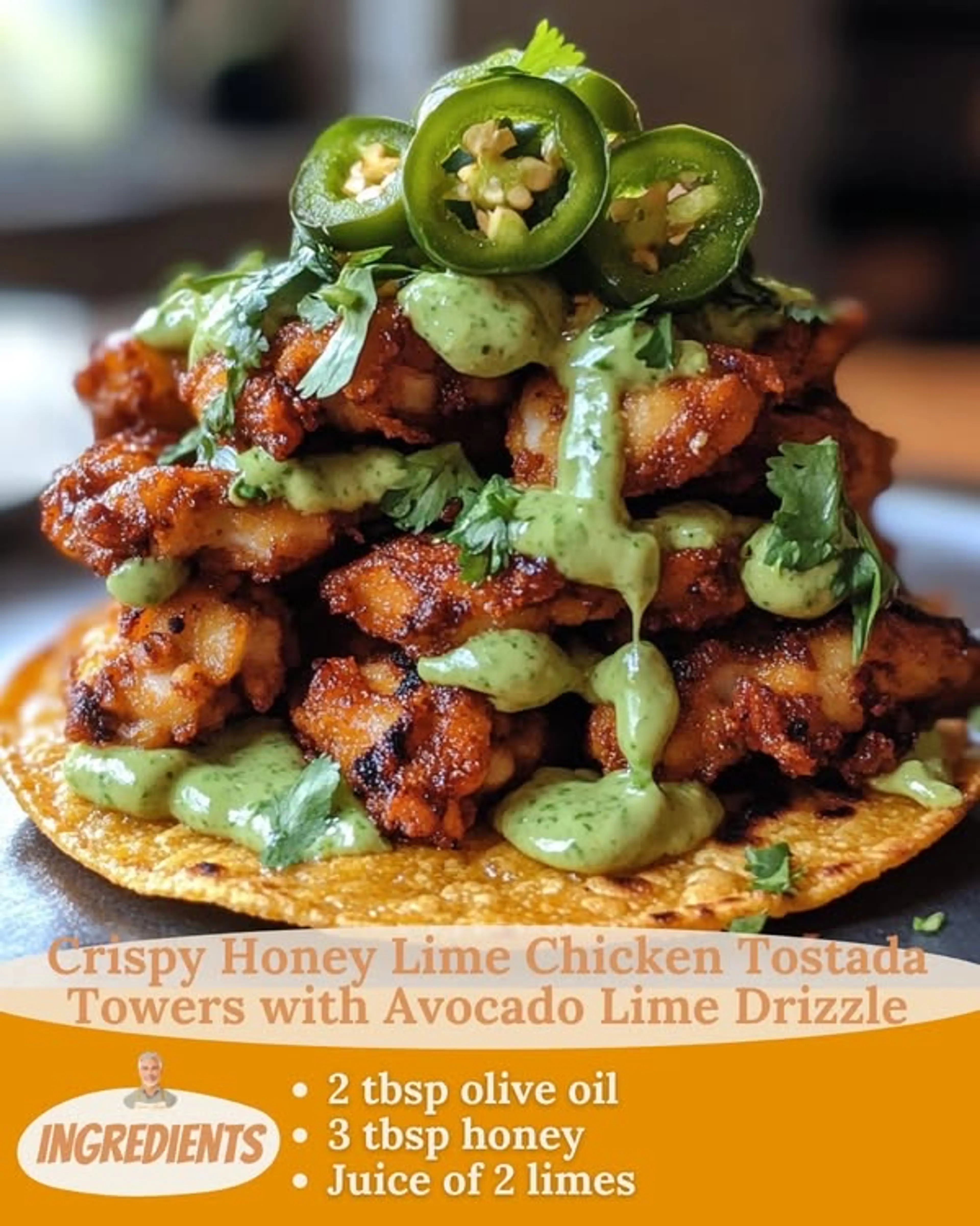 Crispy Honey Lime Chicken Tostada Towers with Avocado Lime D