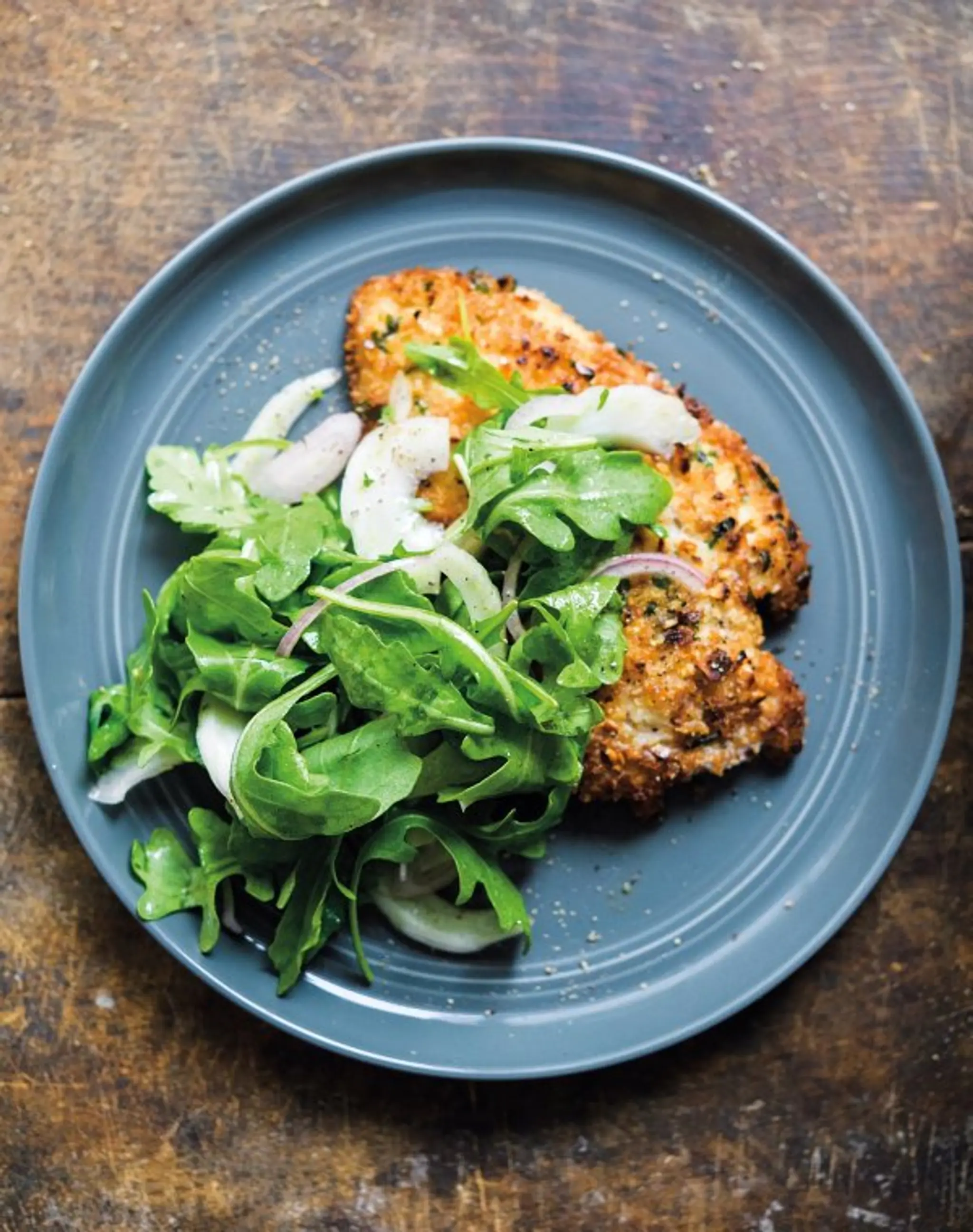 Hazelnut-Crusted Chicken Cutlets with Arugula and Fennel Sal