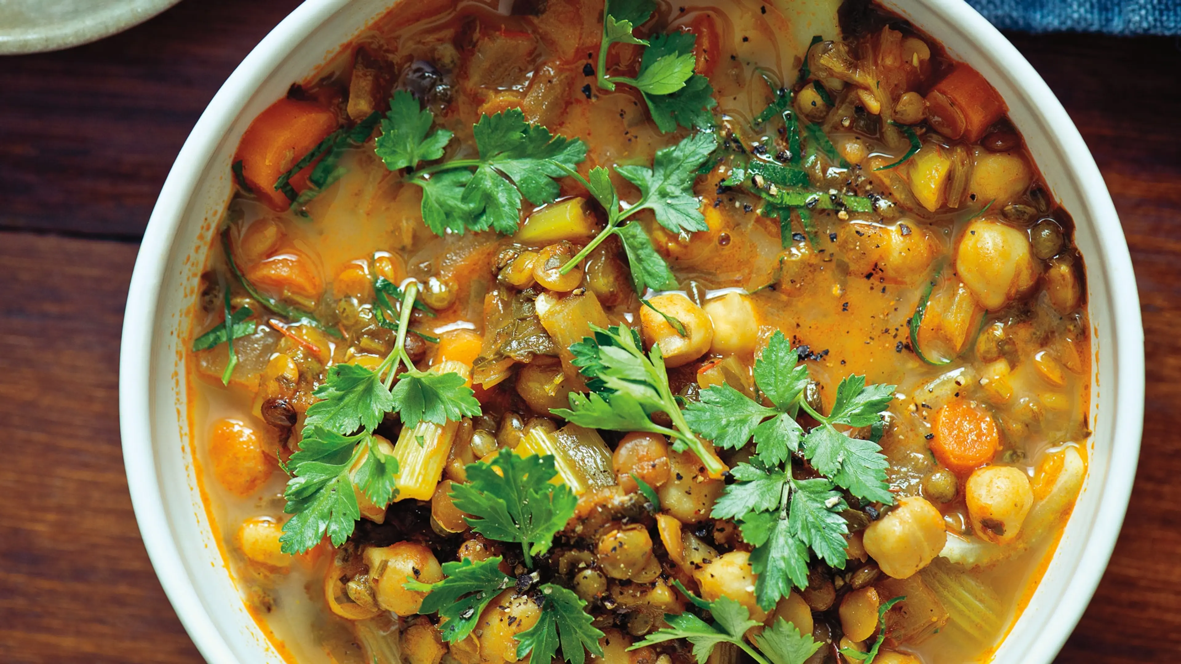 Spiced Moroccan Vegetable Soup with Chickpeas, Cilantro, and