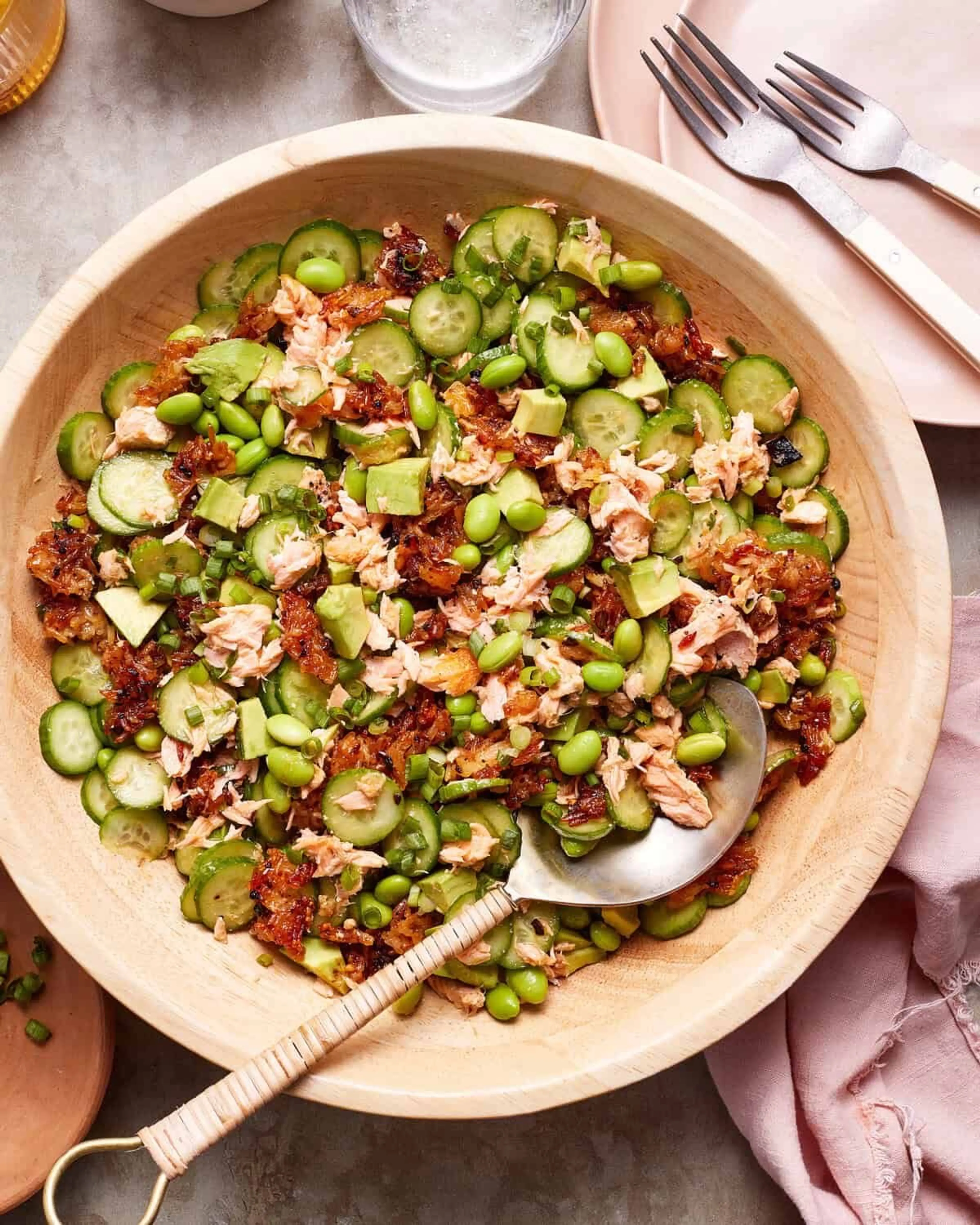 Crispy Rice Salmon Cucumber Salad with Creamy Asian Dressing
