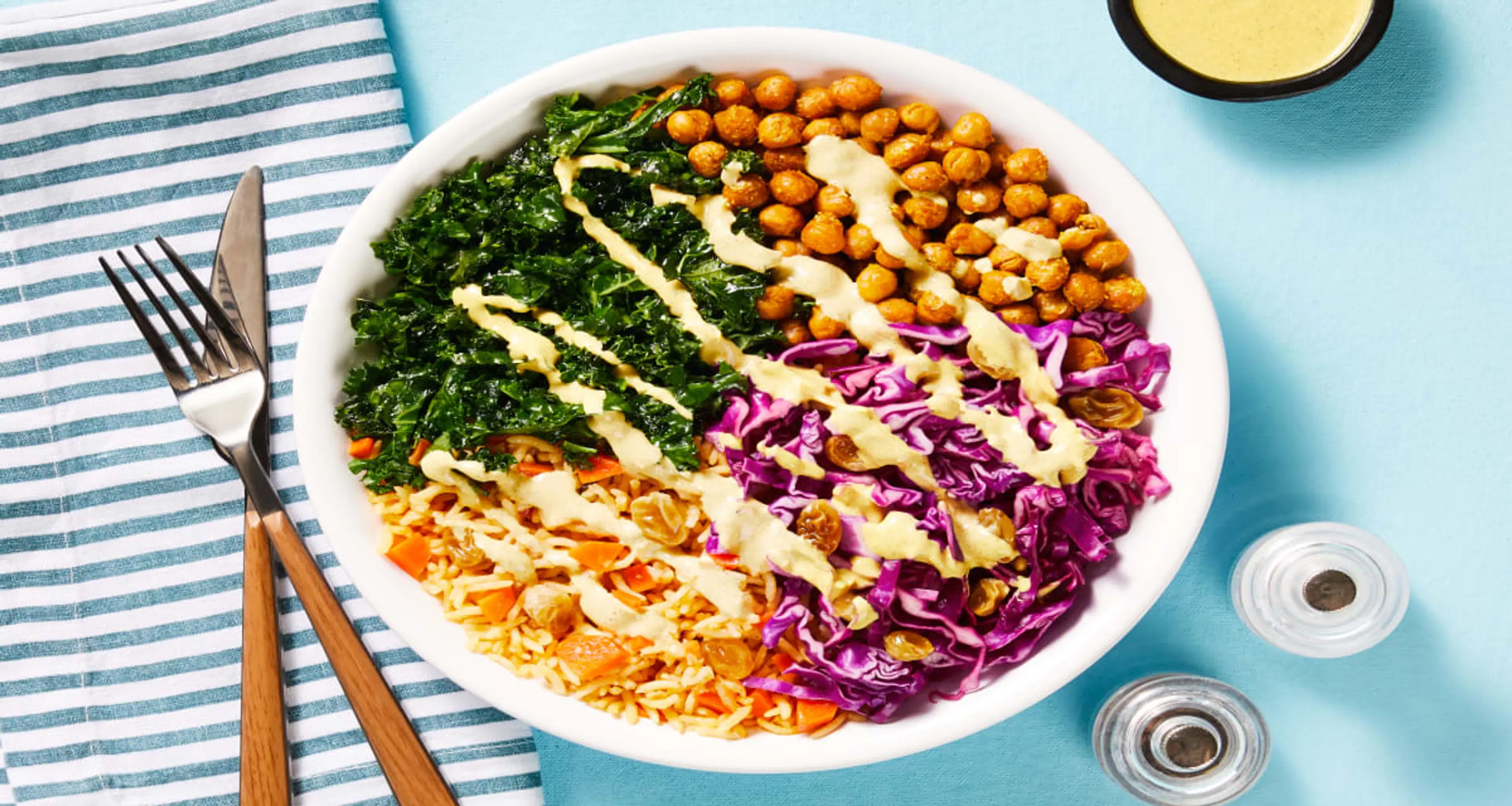 Crunchy Curried Chickpea Bowls with Golden Raisins & Pickled