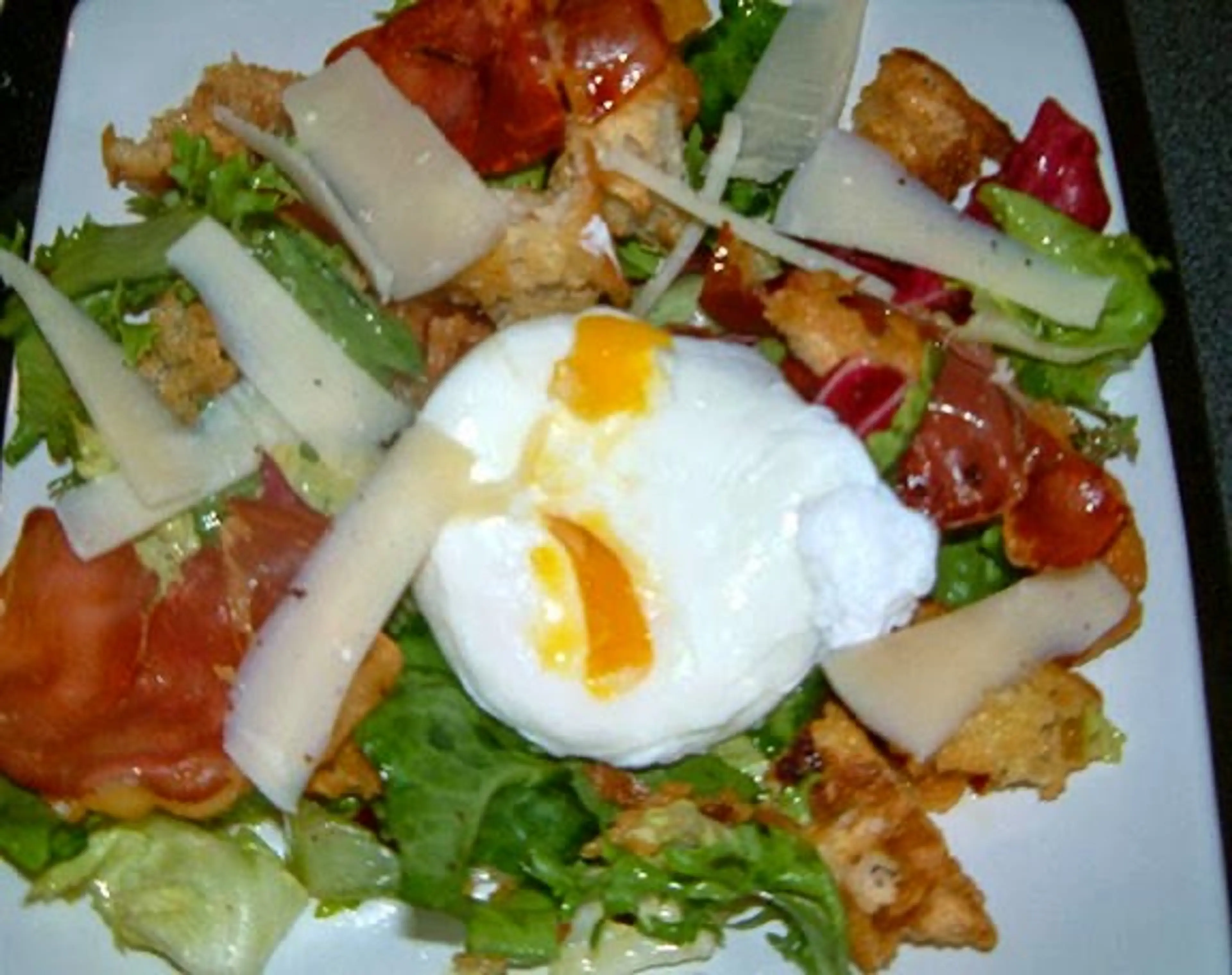 Warm Bread Salad Crispy Pancetta Parmesan and Poached Egg