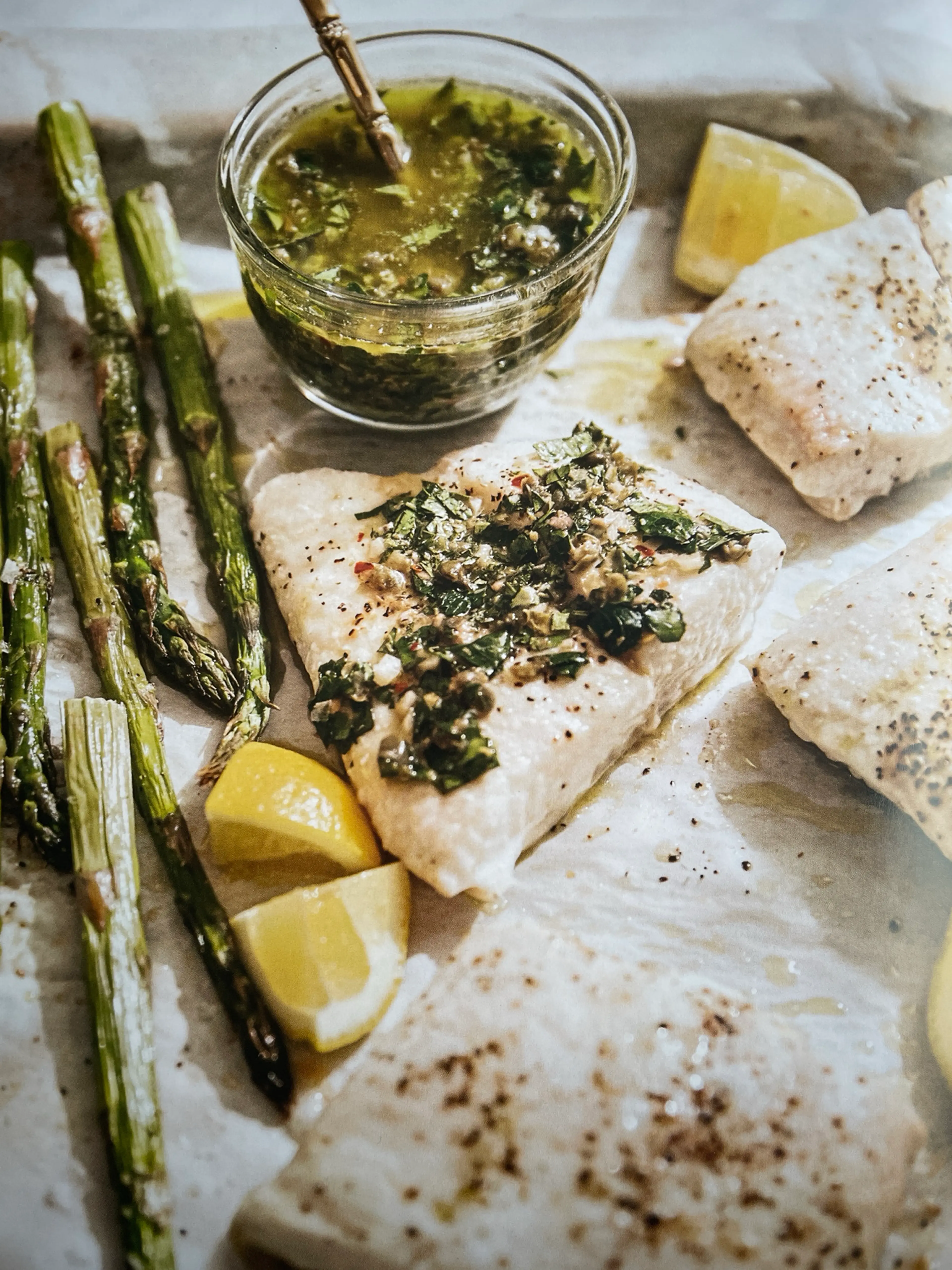 Sheet Pan Halibut With Italian Salsa Verde And Asparagus