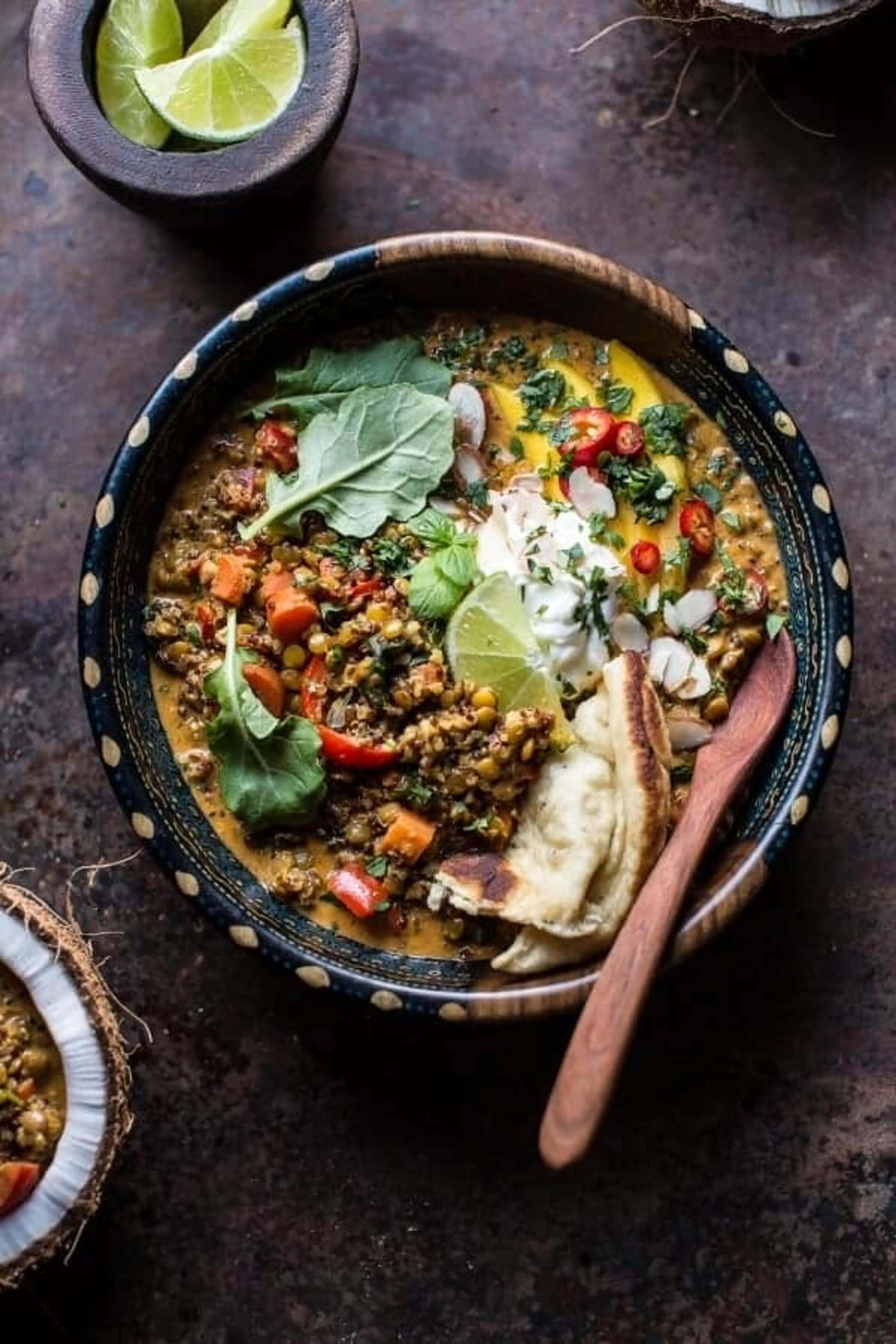 Simple Coconut Quinoa and Lentil Curry with Lime Mango.