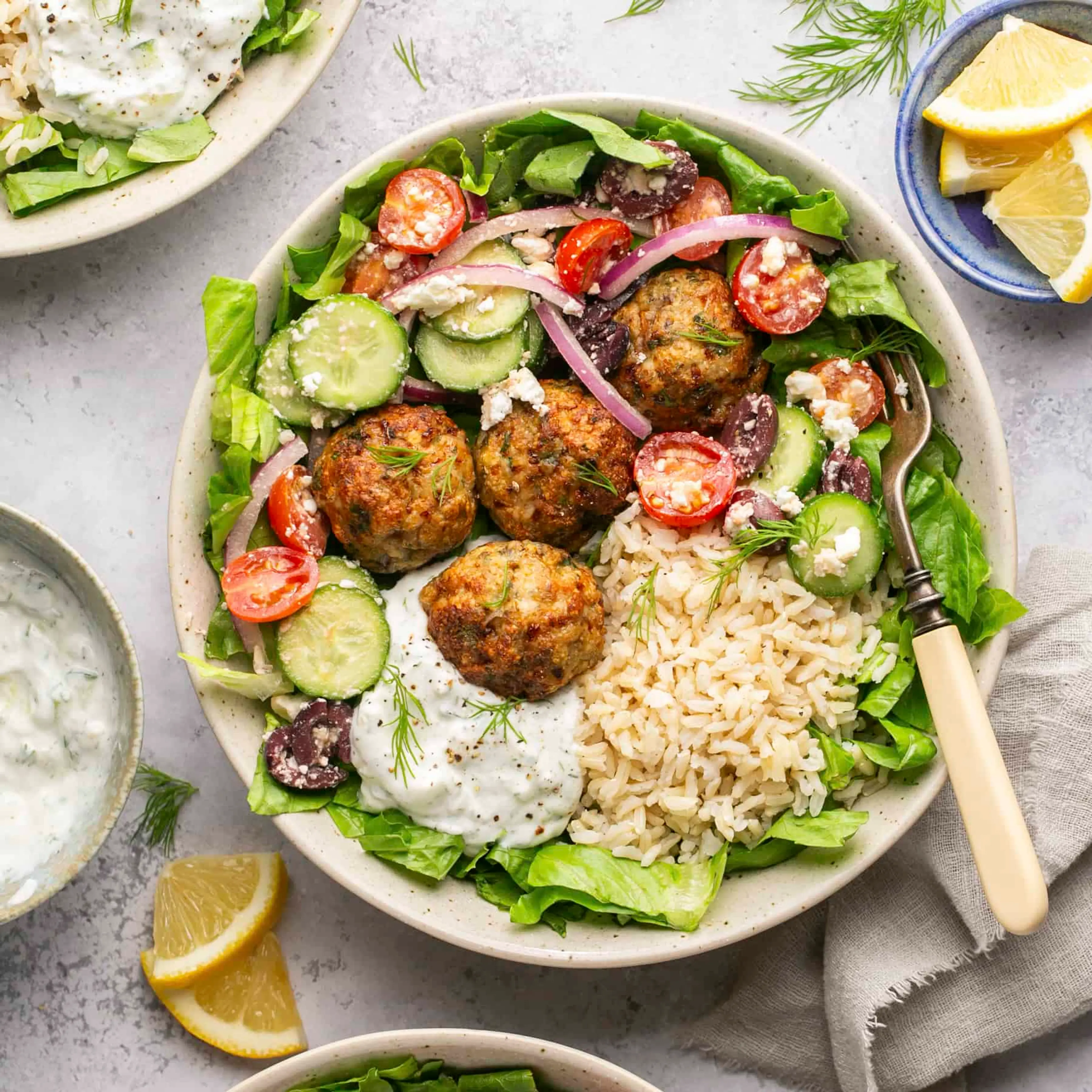 Mediterranean Chicken Meatball Bowls