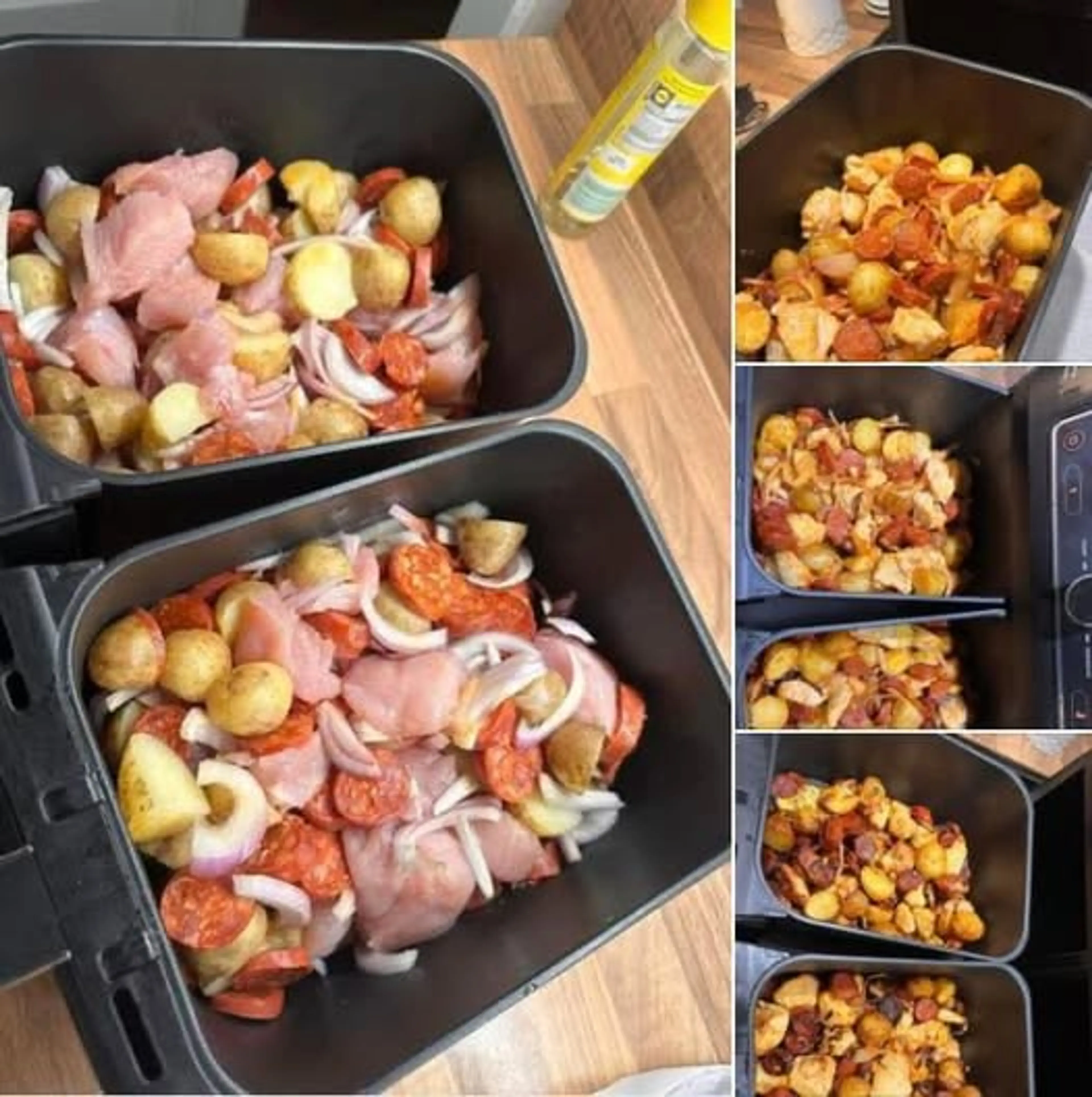 Air Fryer Chicken, Chorizo, Baby Potatoes, and Onions