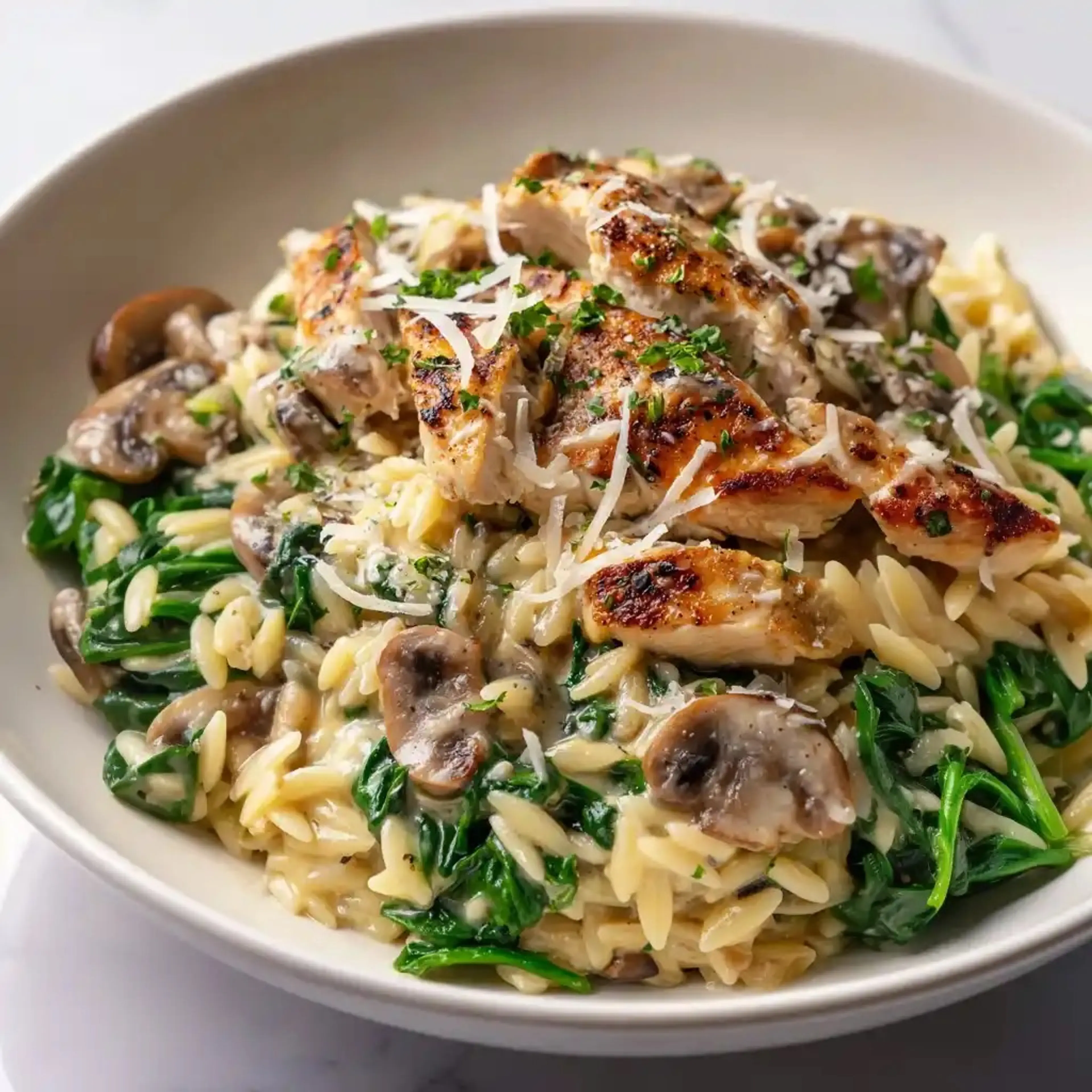 One-Pan Creamy Spinach Mushroom Orzo with Chicken