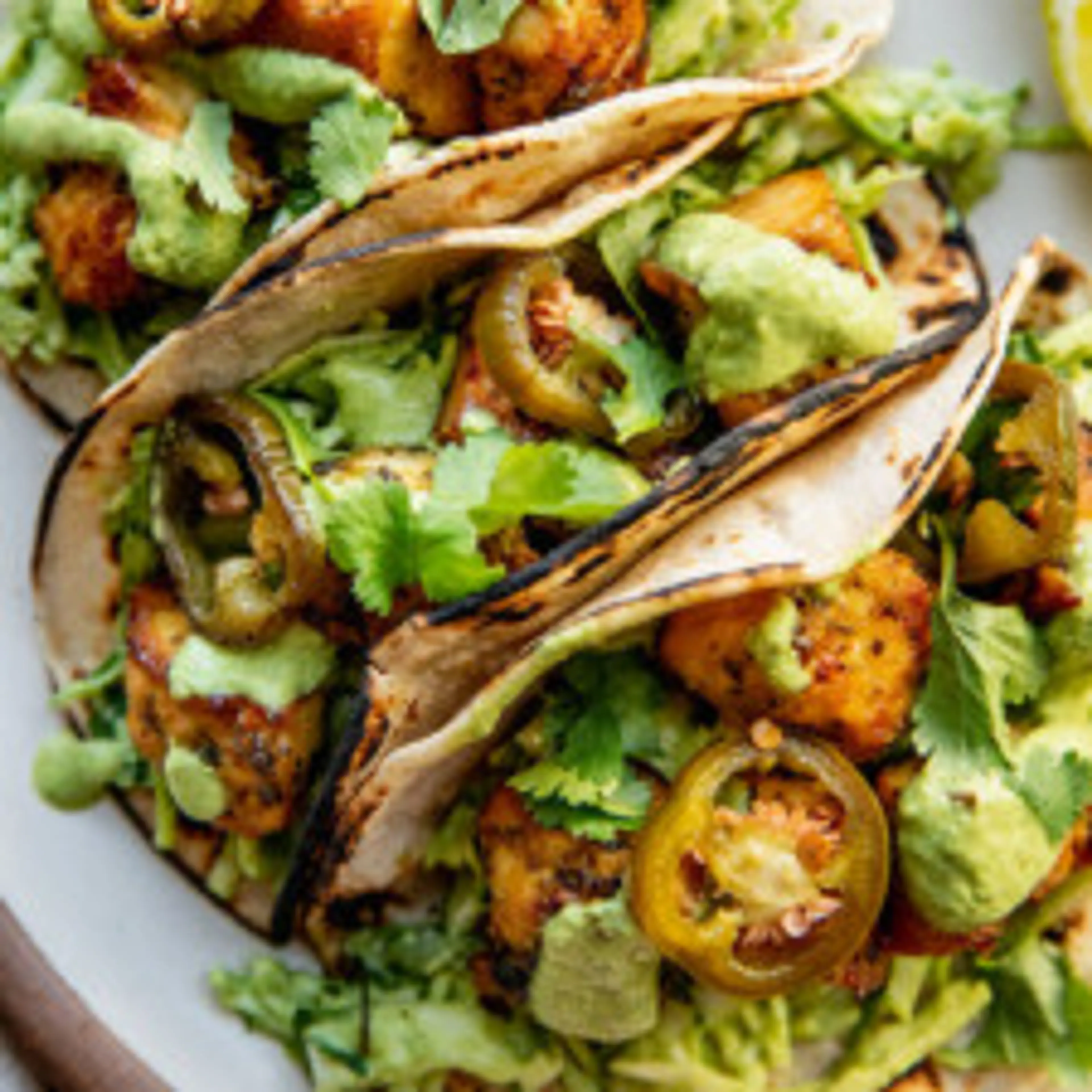 Roasted Lemon Herb Tofu Tacos with Poblano Cream Sauce