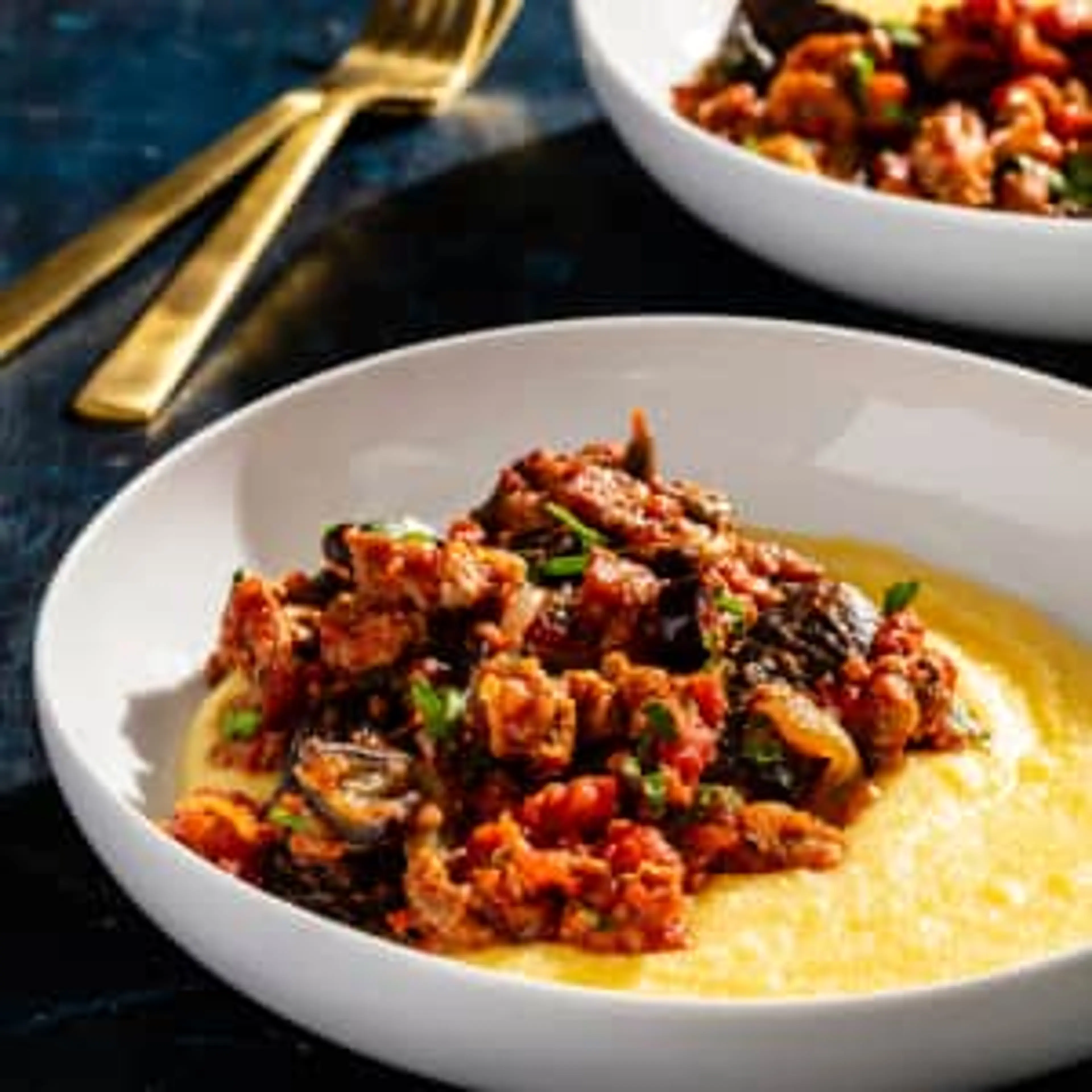 Sautéed Eggplant with Polenta and Plant-Based Meat
