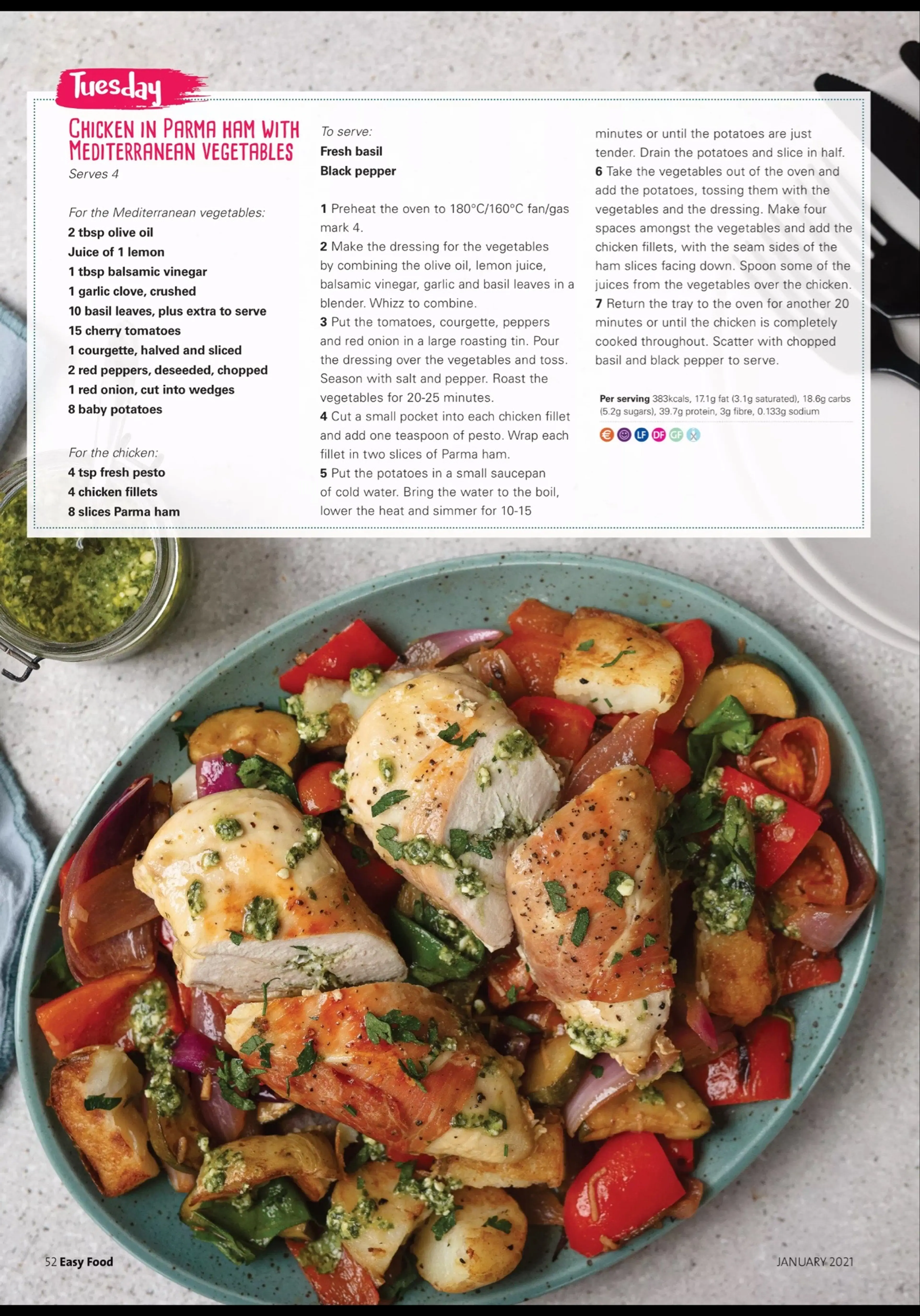 CHICKEN IN PARMA HAM WITH MEDITERRANEAN VEGETABLES