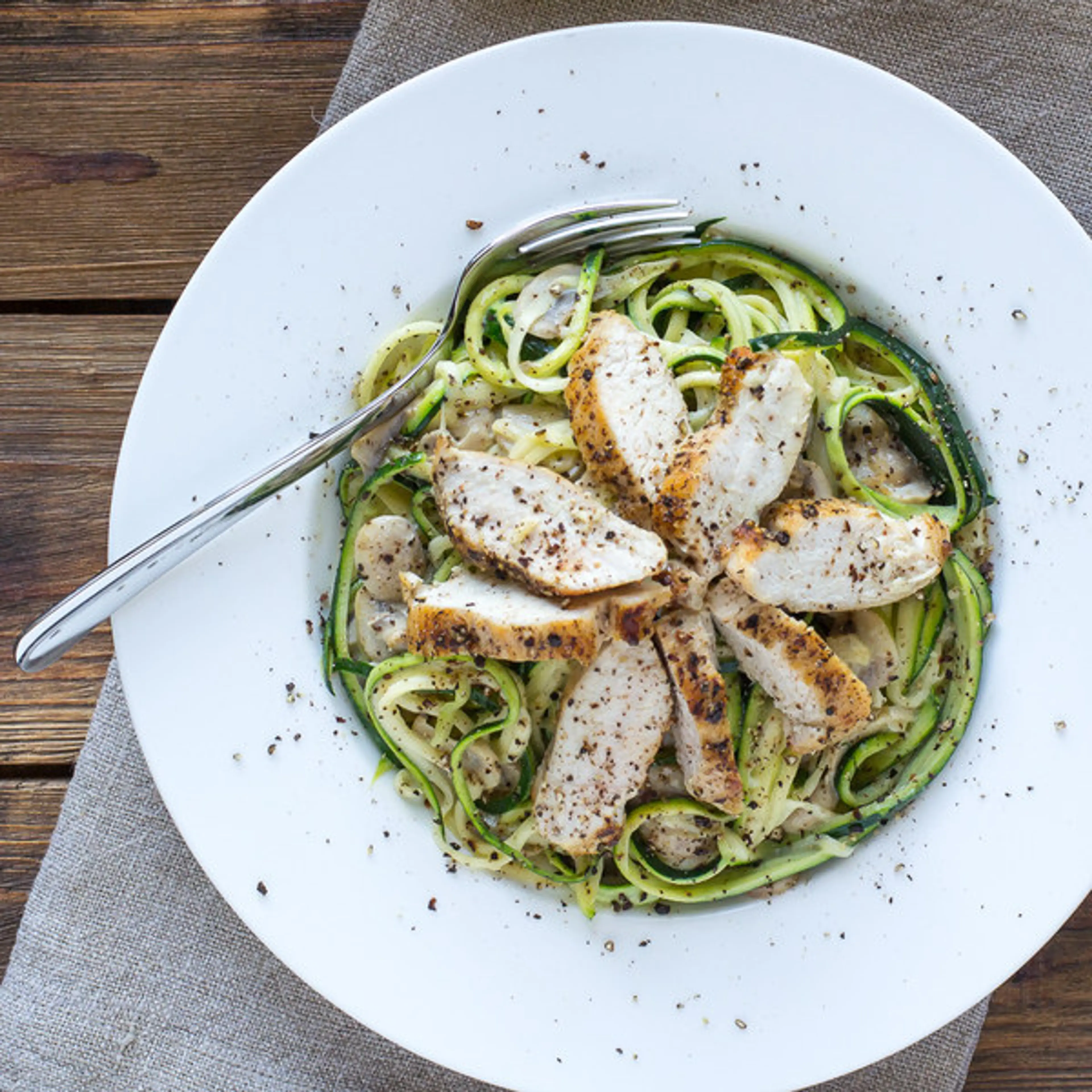 Chicken & Mushroom Alfredo over Zucchini Pasta