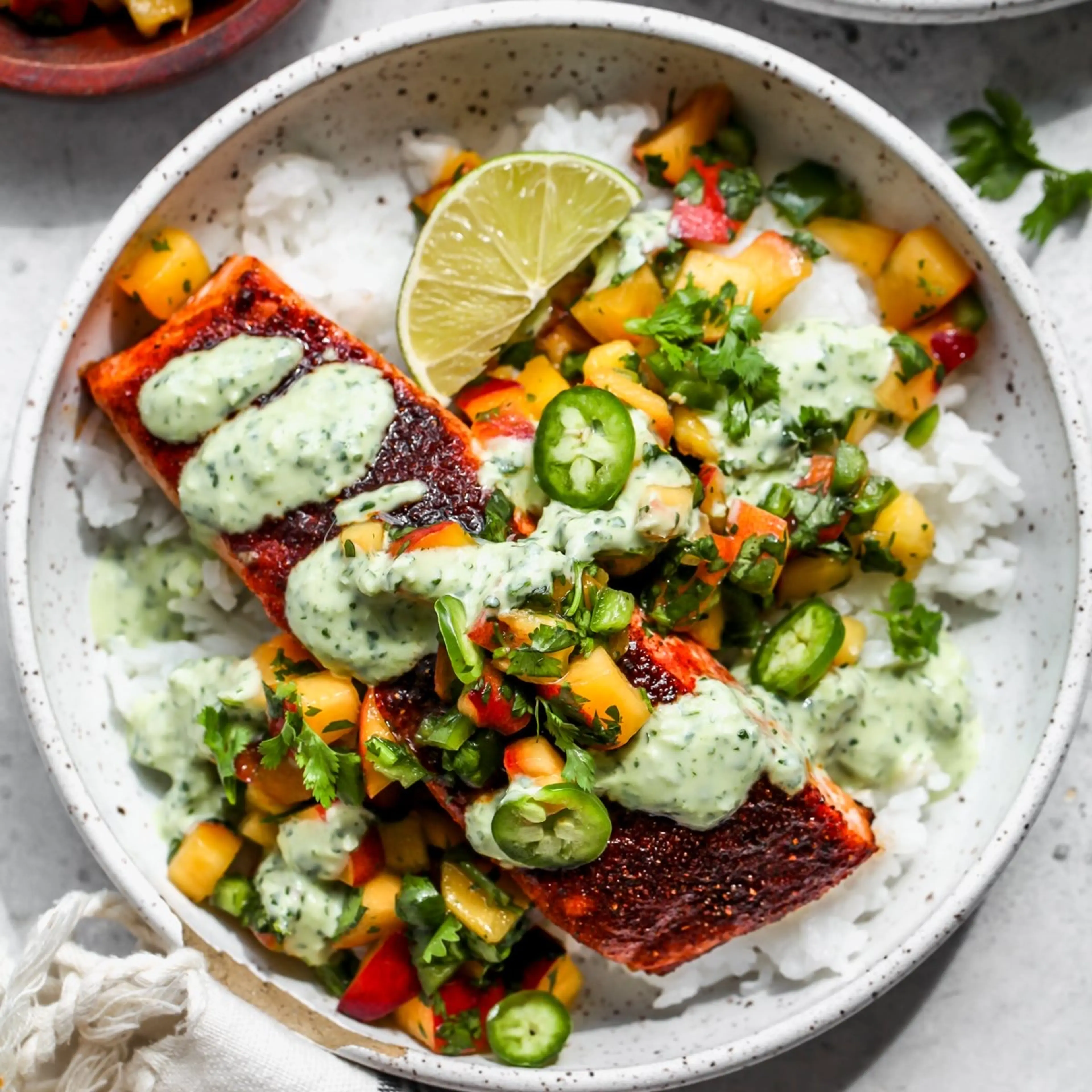 BBQ Salmon Bowls with Jalapeño-Peach Salsa