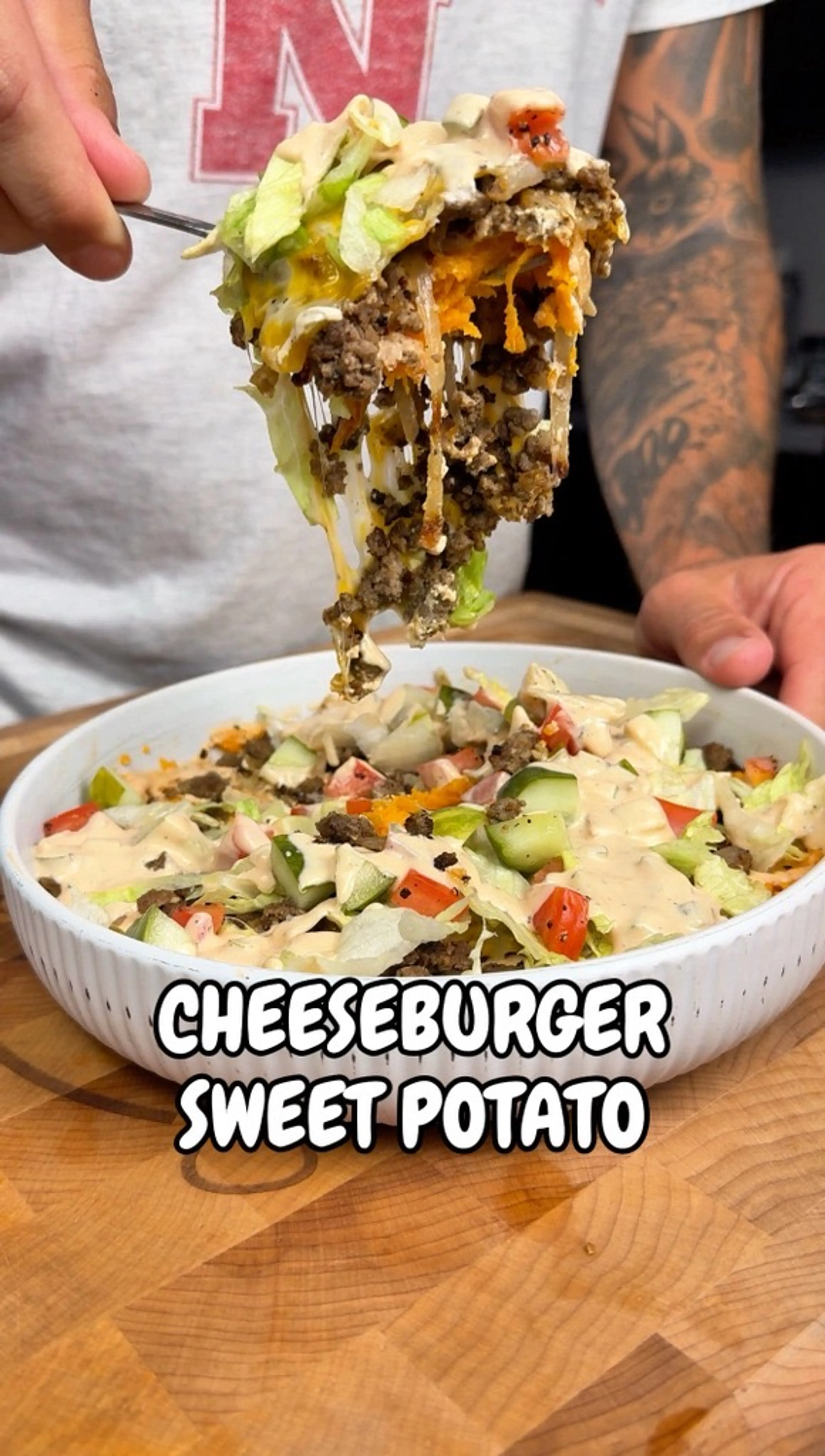 Loaded Cheeseburger Sweet Potato Bowl. with a Homemade Burge