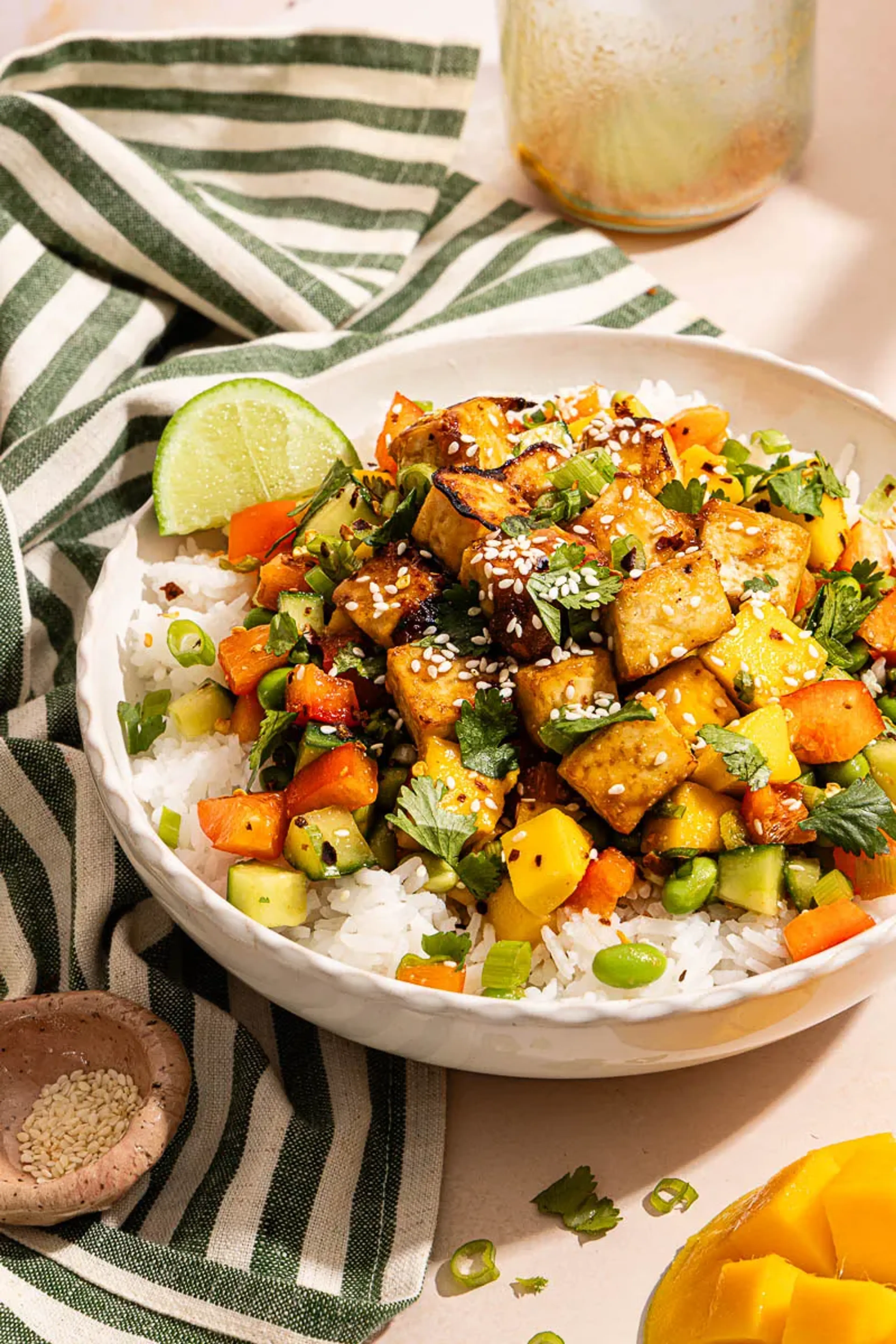 mango miso edamame salad with crispy tofu