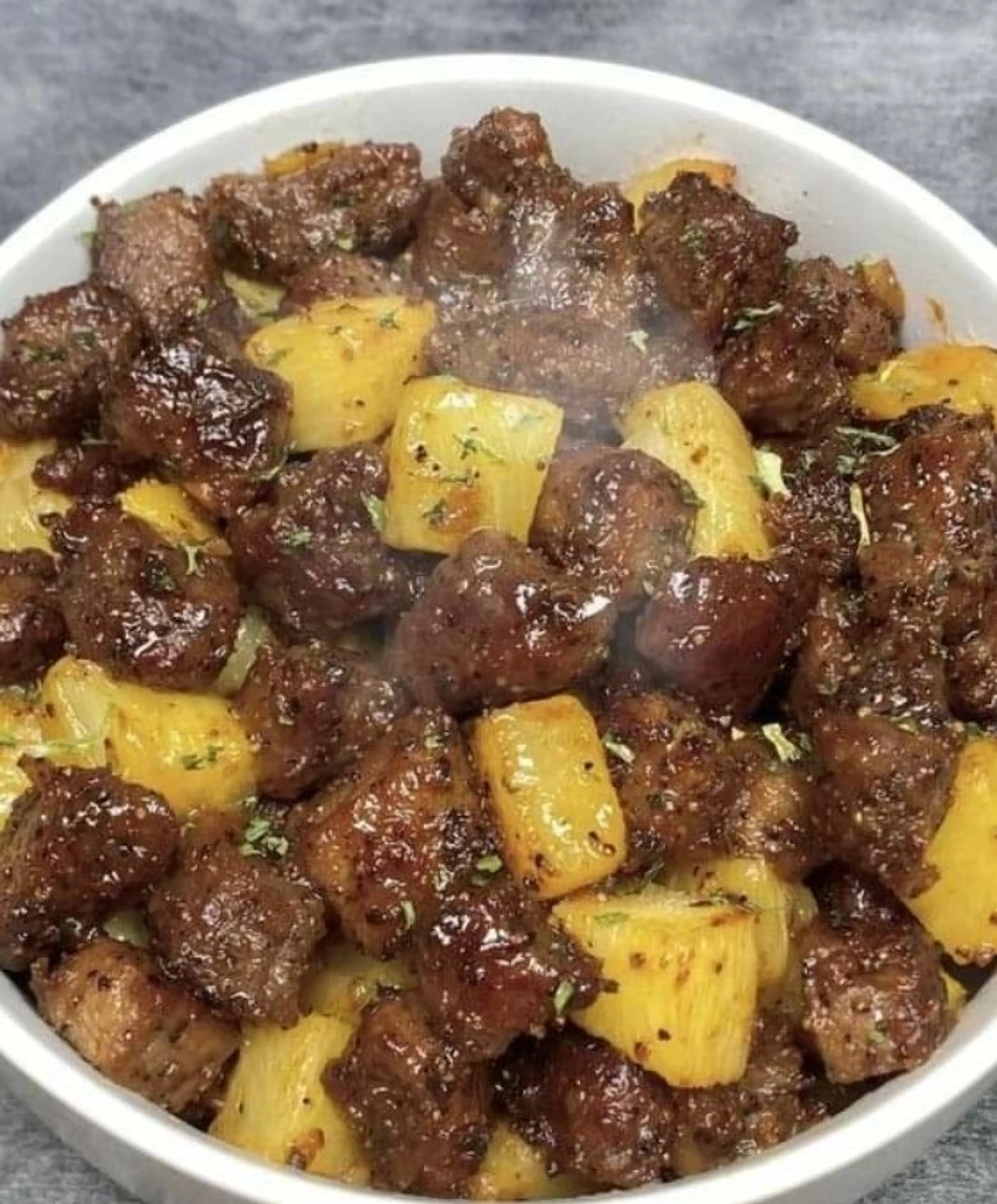 Air Fryer Garlic Butter Steak Bites and Potatoes