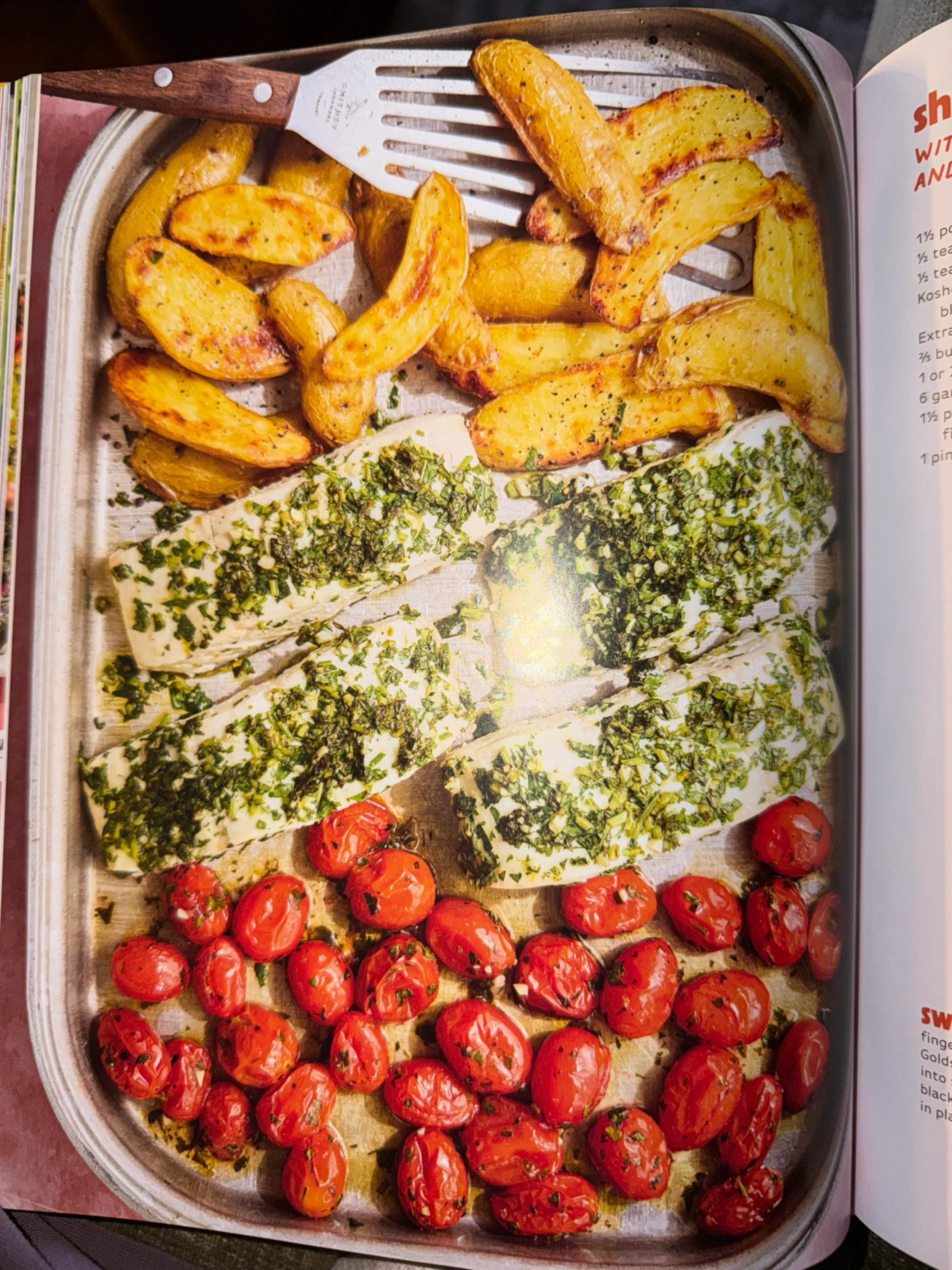 sheet pan halibut WITH GREMOLATA, BLISTERED GRAPE TOMATOES.