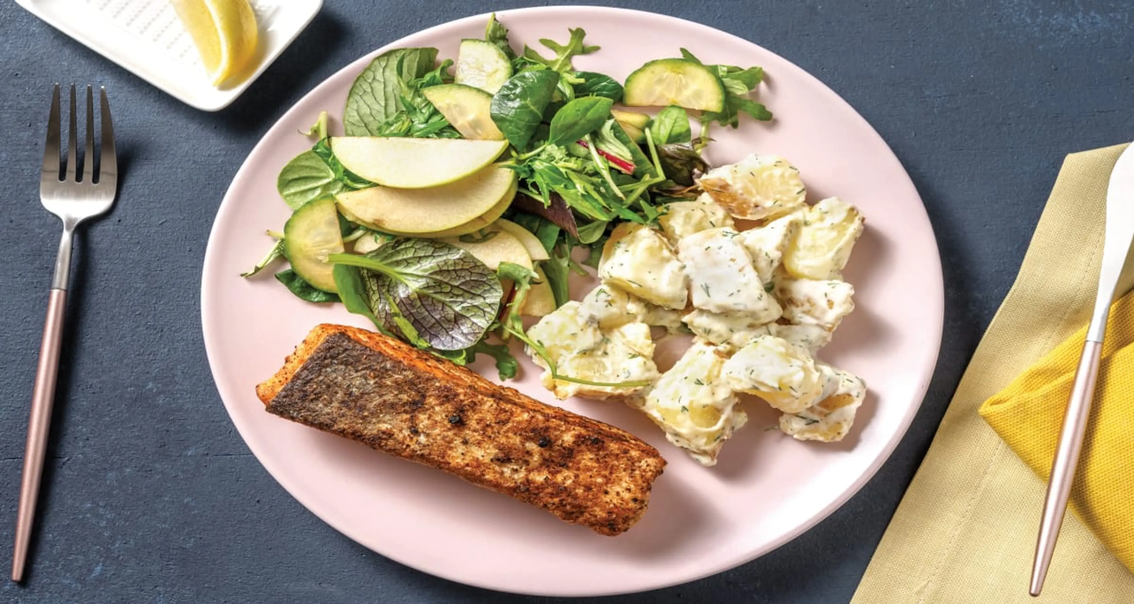Quick Lemon Pepper Salmon with Warm Dill & Parsley Potato Sa