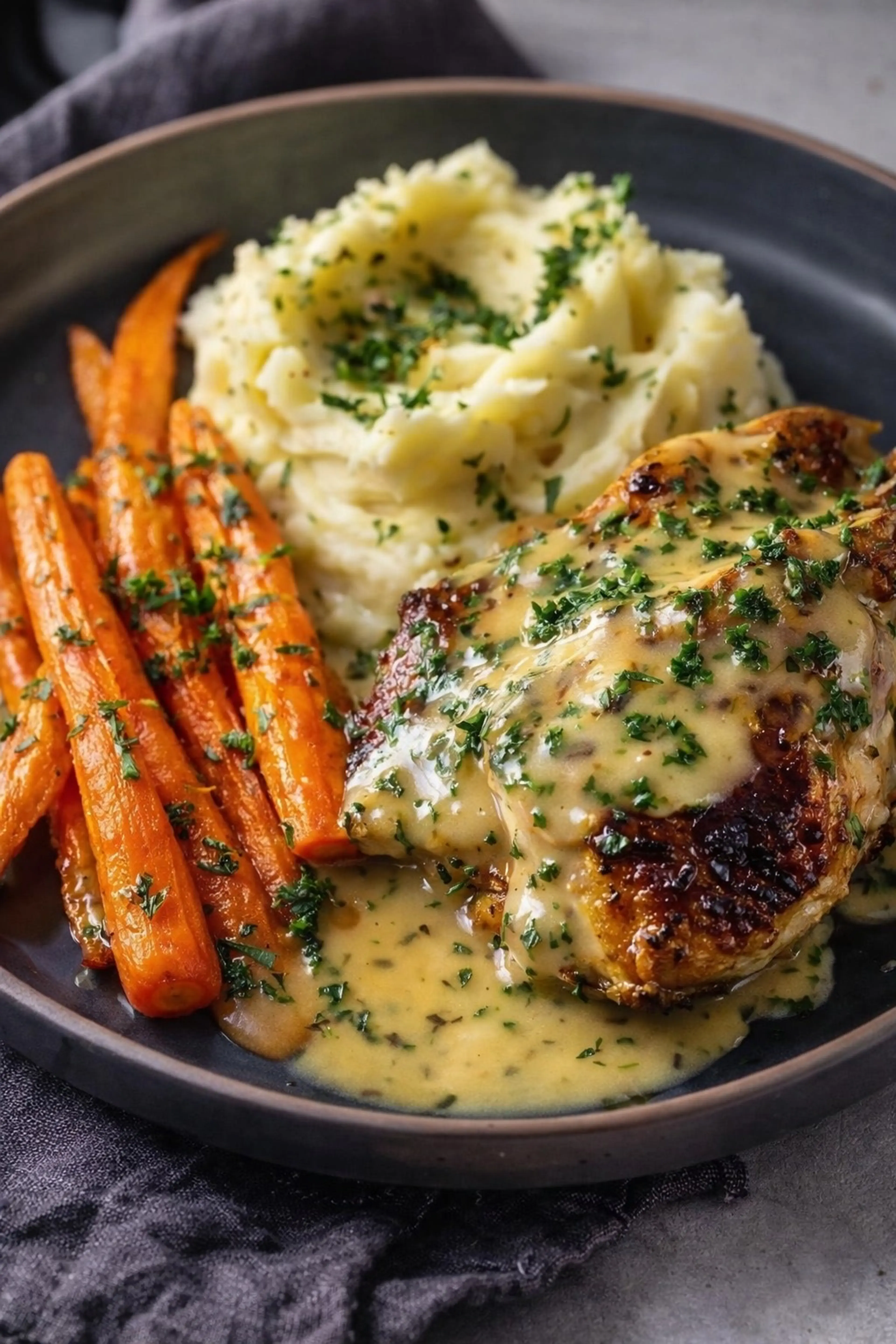 Creamy Herb Chicken with Mashed Potatoes & Glazed Carrots