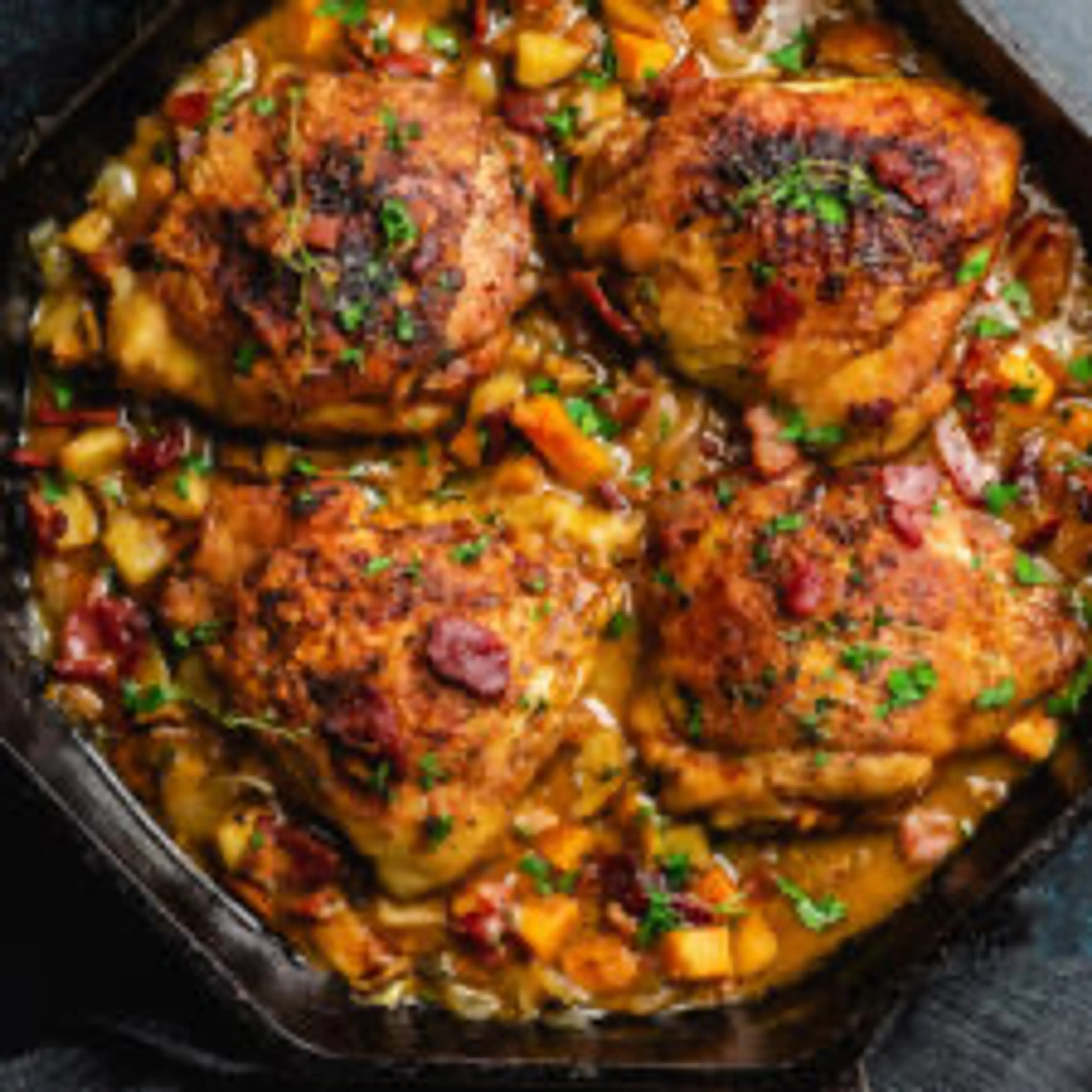 Chicken and Sweet Potato Skillet with Smoky Maple-Dijon Sauc