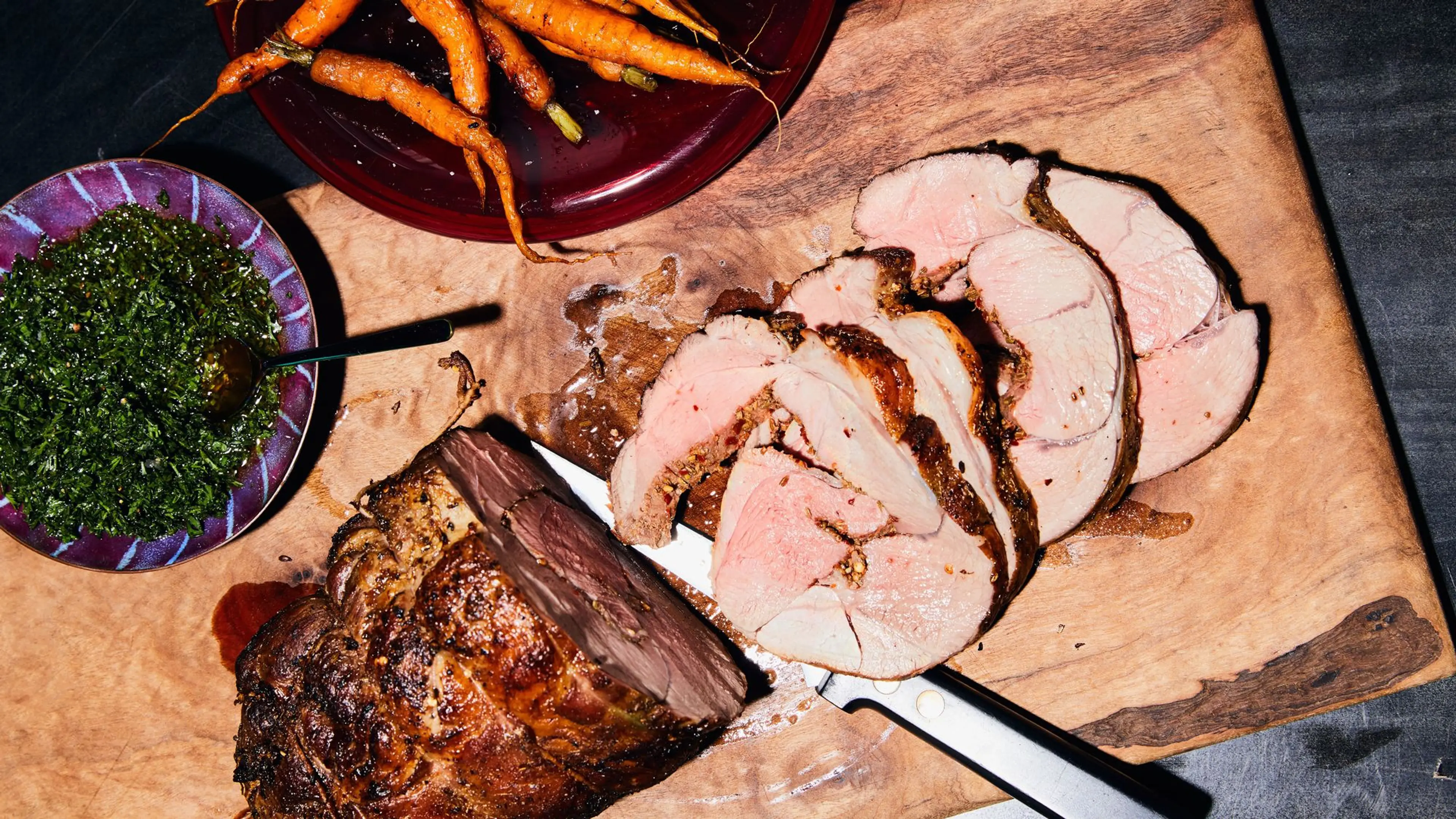 Fennel-Rubbed Roasted Leg of Lamb with Carrots and Salsa Ver