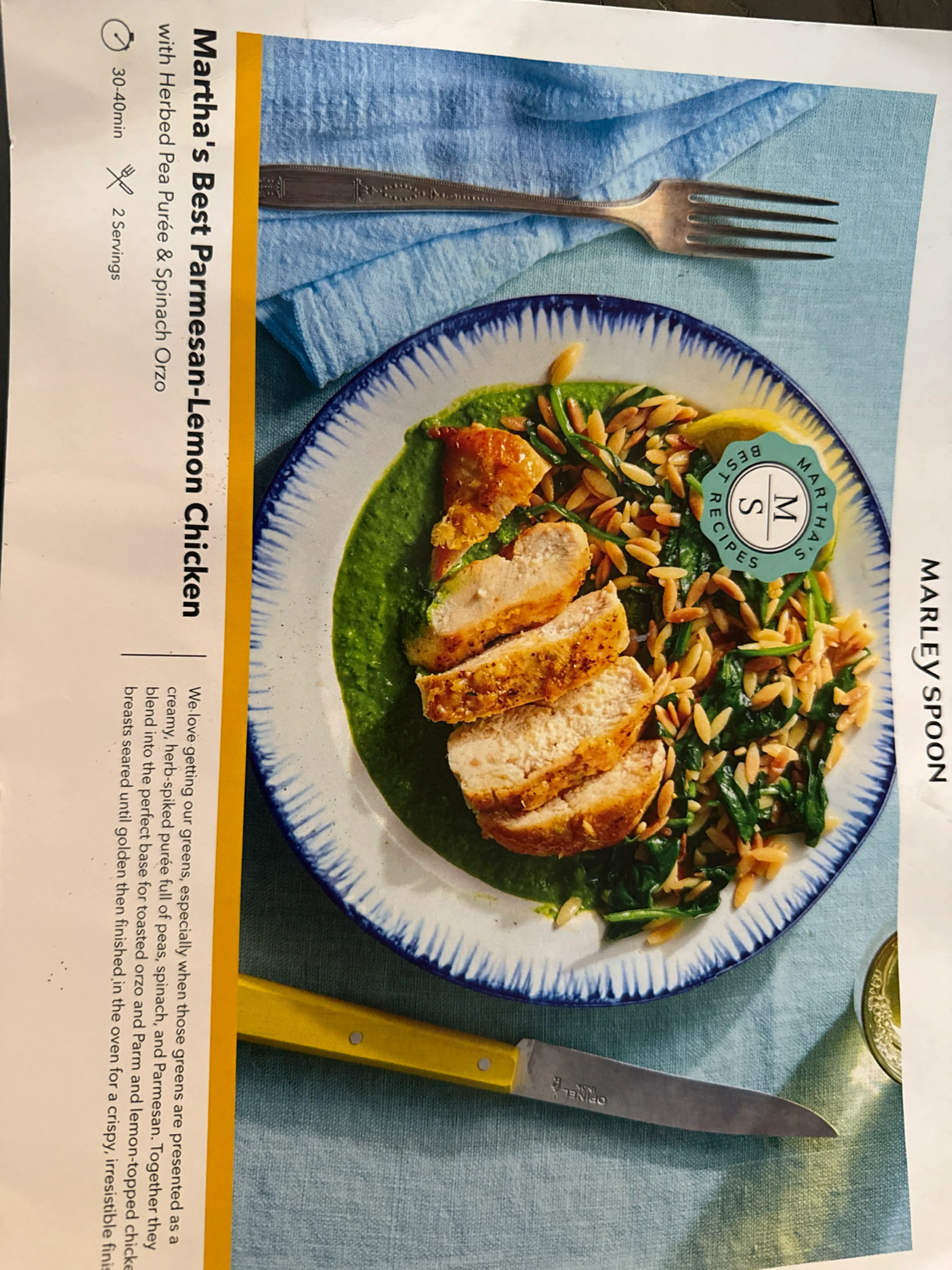 Parmesan Lemon Chicken W/ Herbed Pea Purée & Spinach Orzo