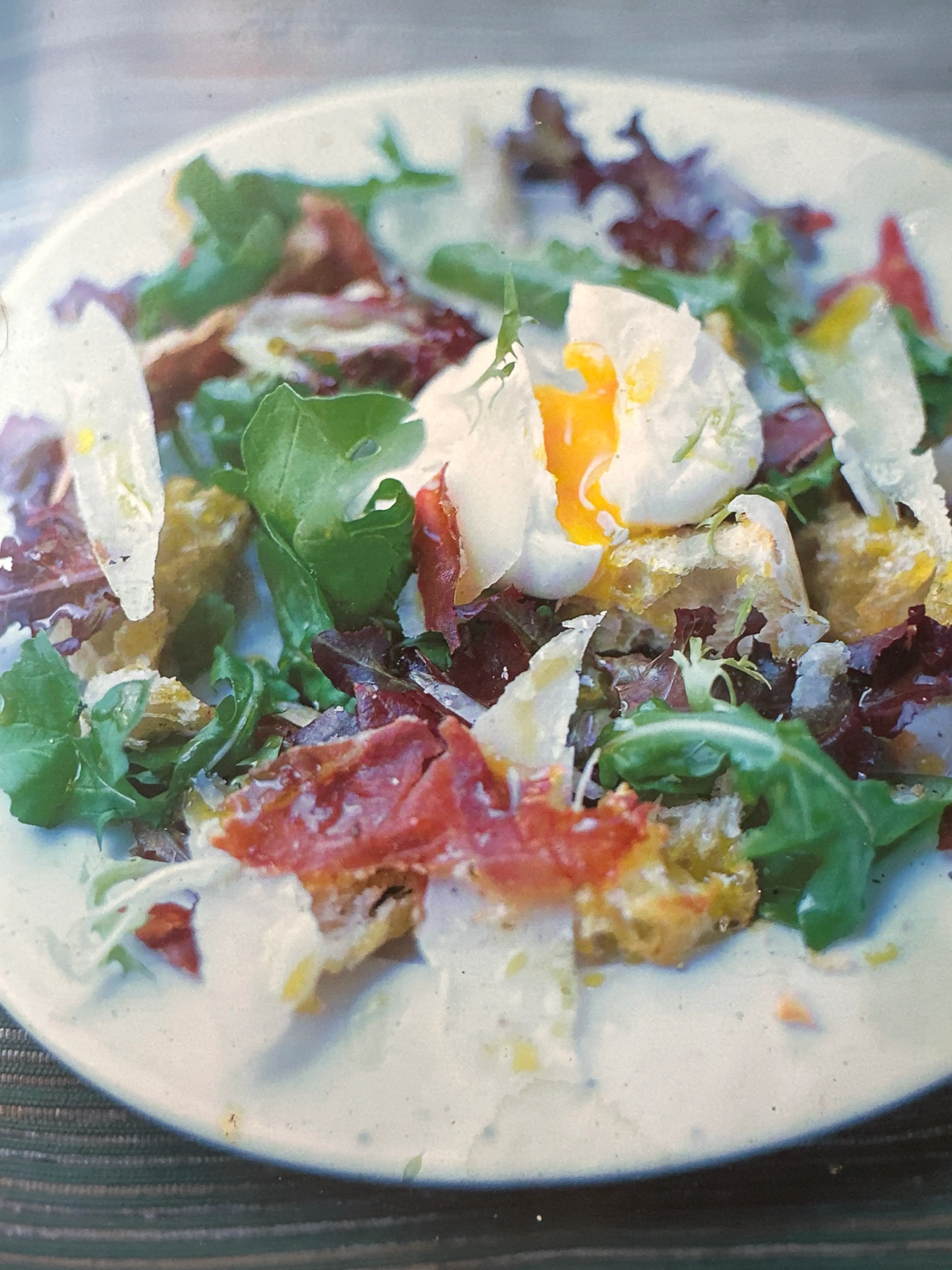 Warm Bread Salad of Crispy Pancetta, Parmesan and Poached Eg