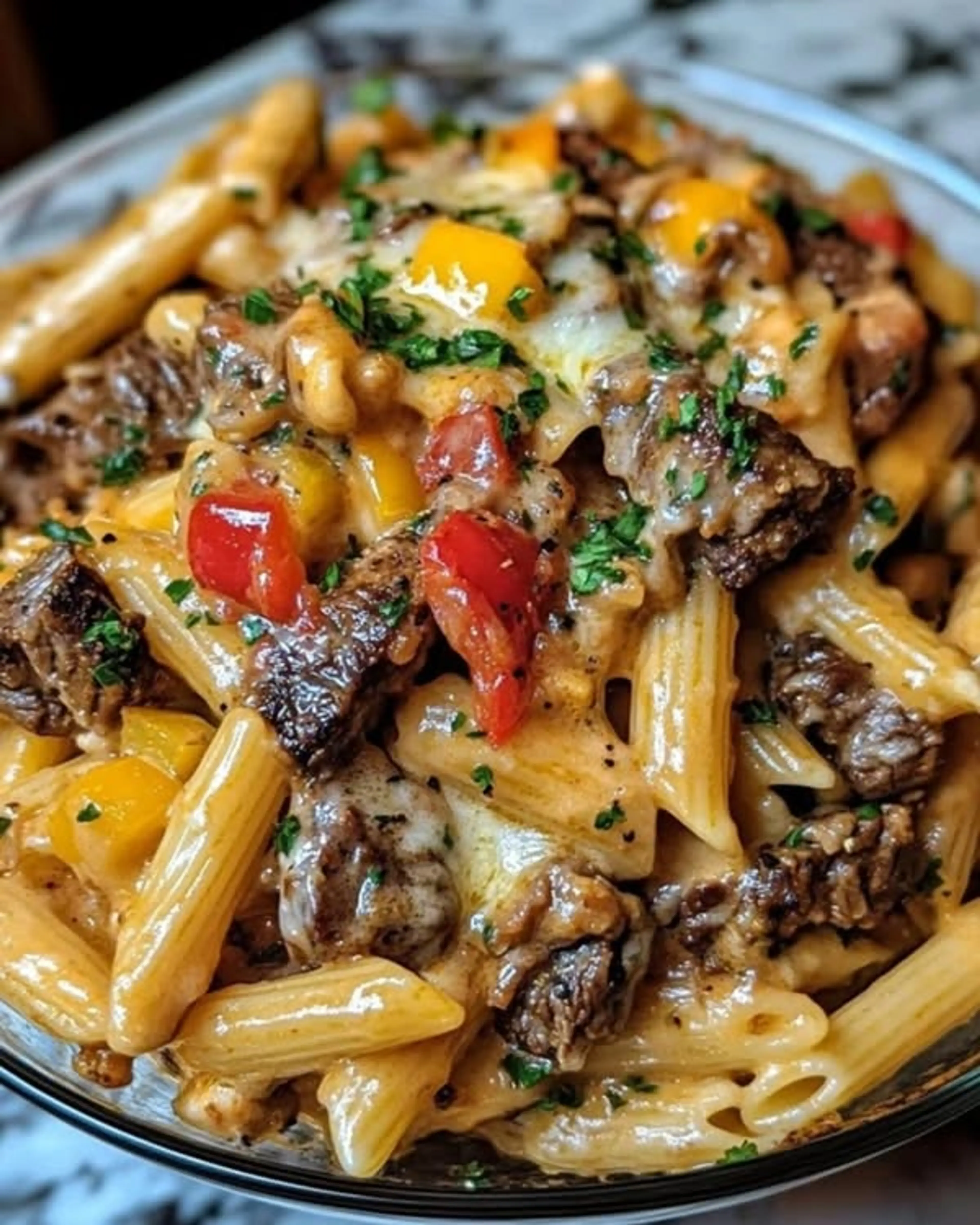 Creamy Steak Skillet Penne with Bell Peppers