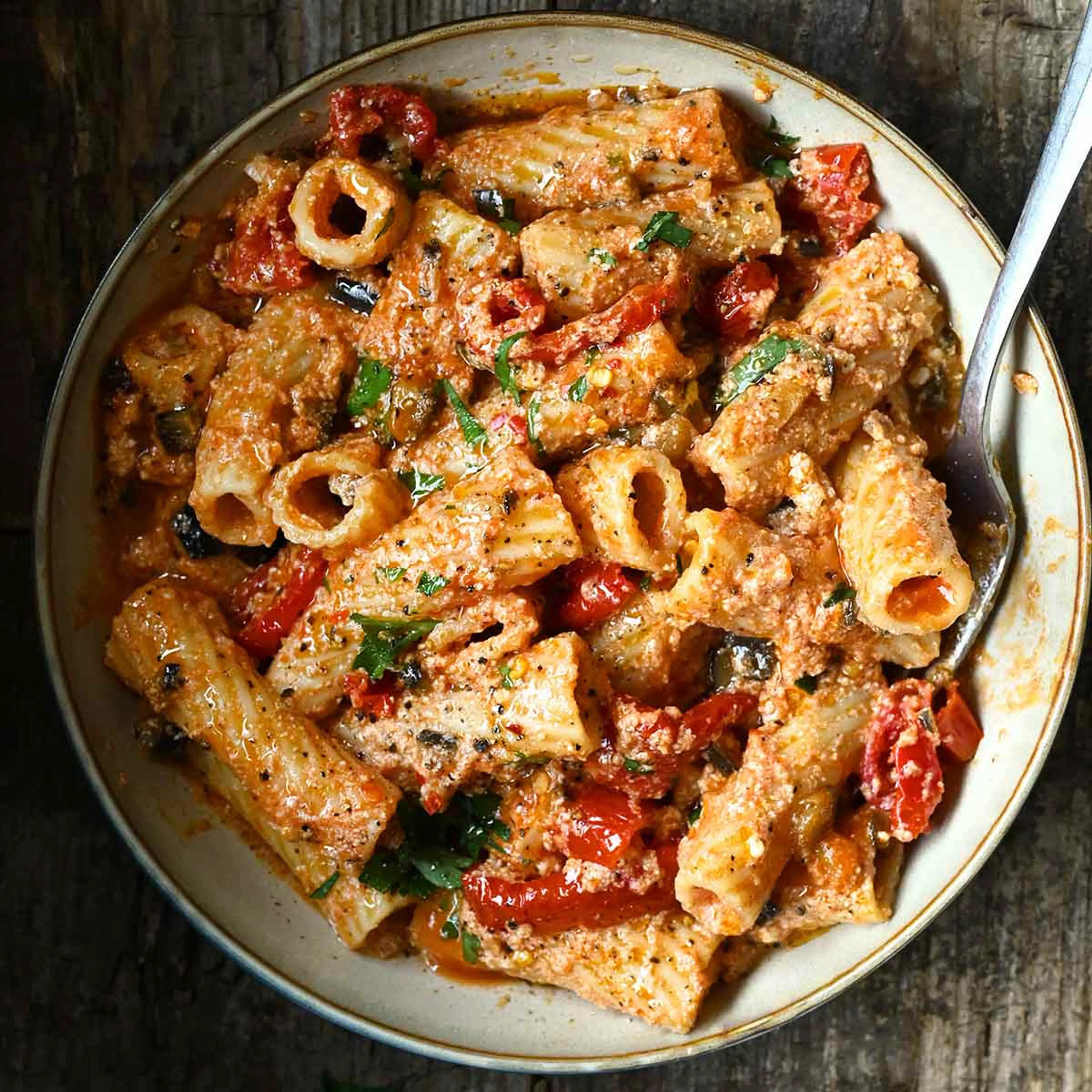 Eggplant and sun dried tomato pasta with ricotta