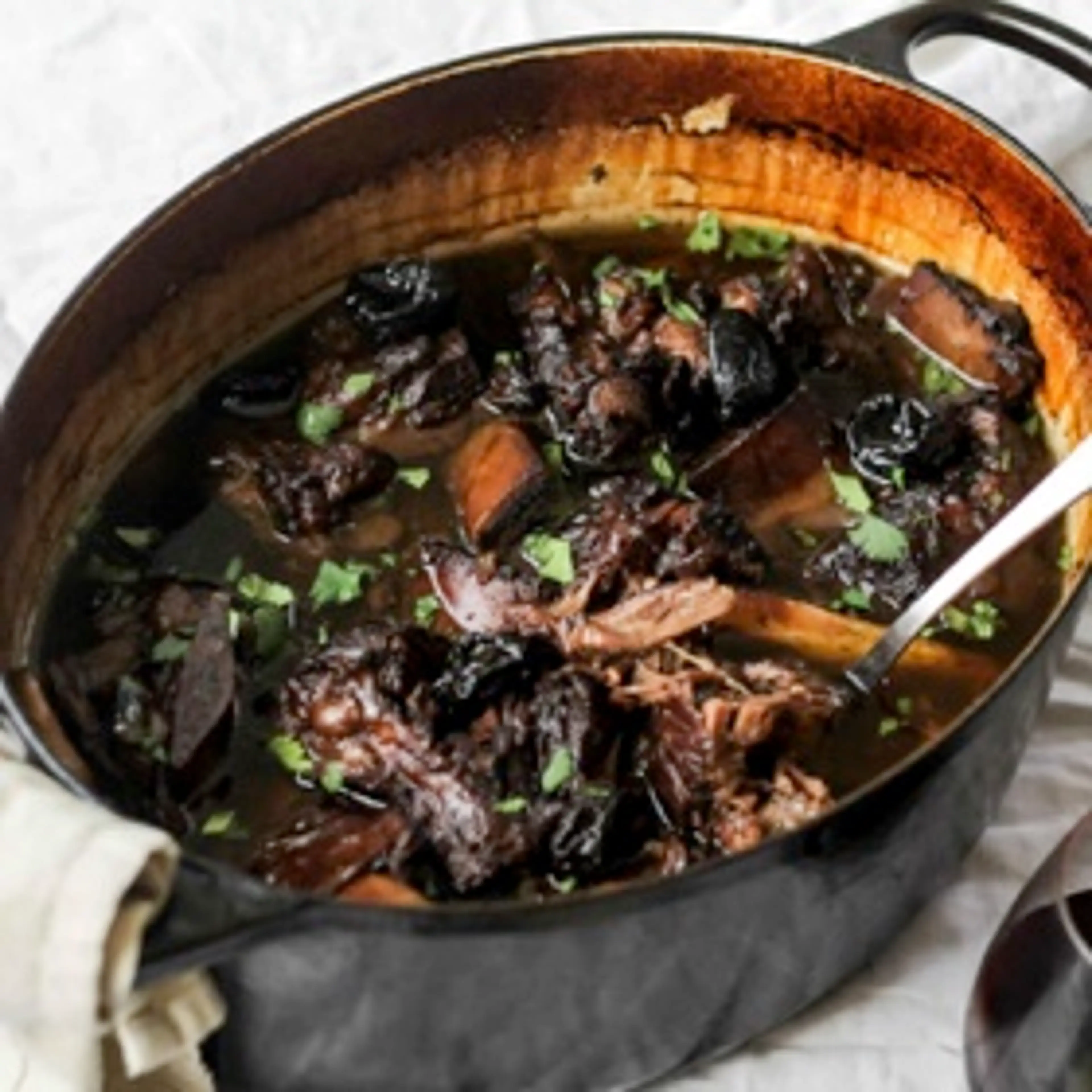 Beef Short Ribs Braised with Red Wine, Spiced Orange and Pru