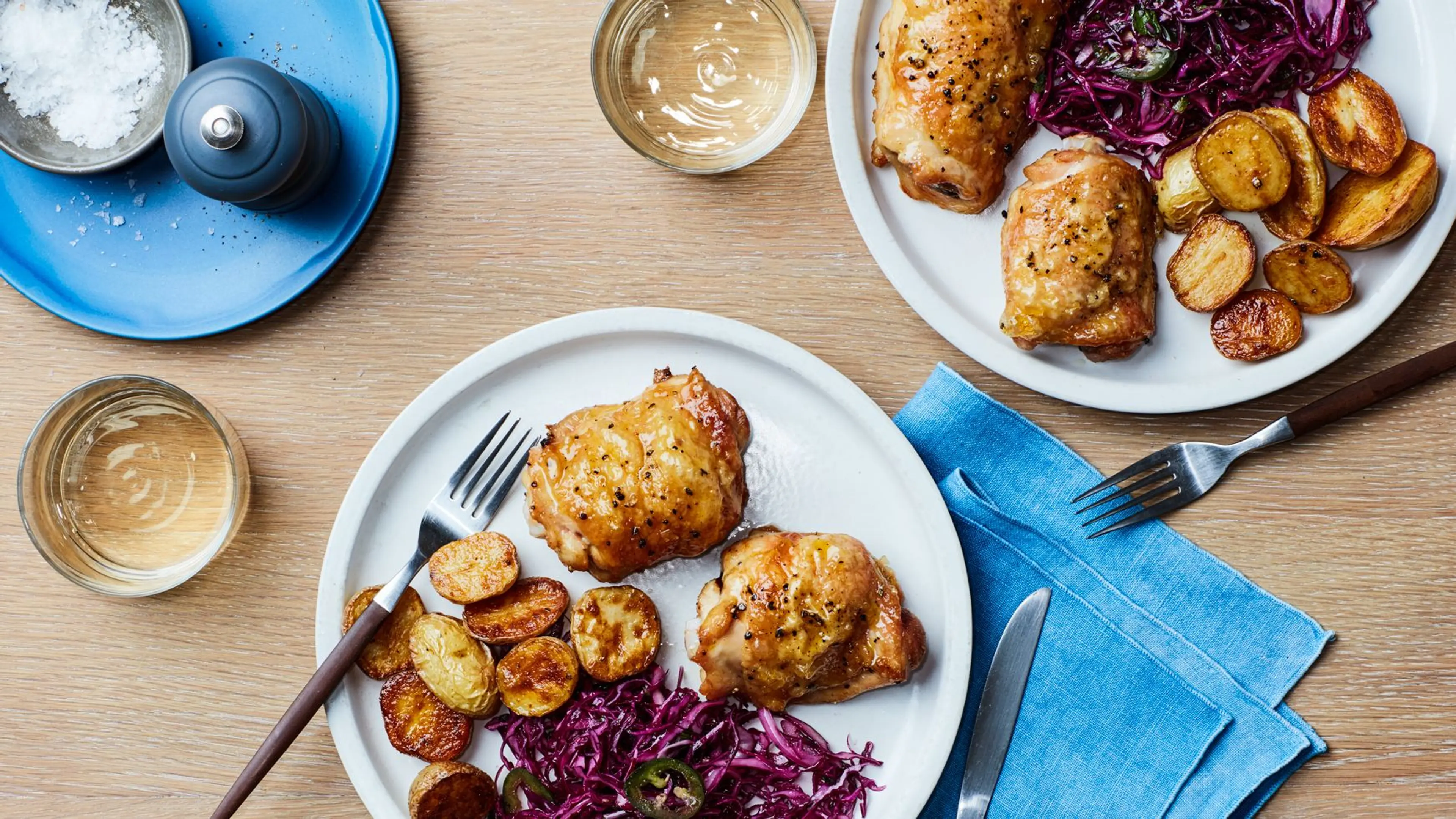 Crispy Chicken and Potatoes with Red Cabbage Slaw