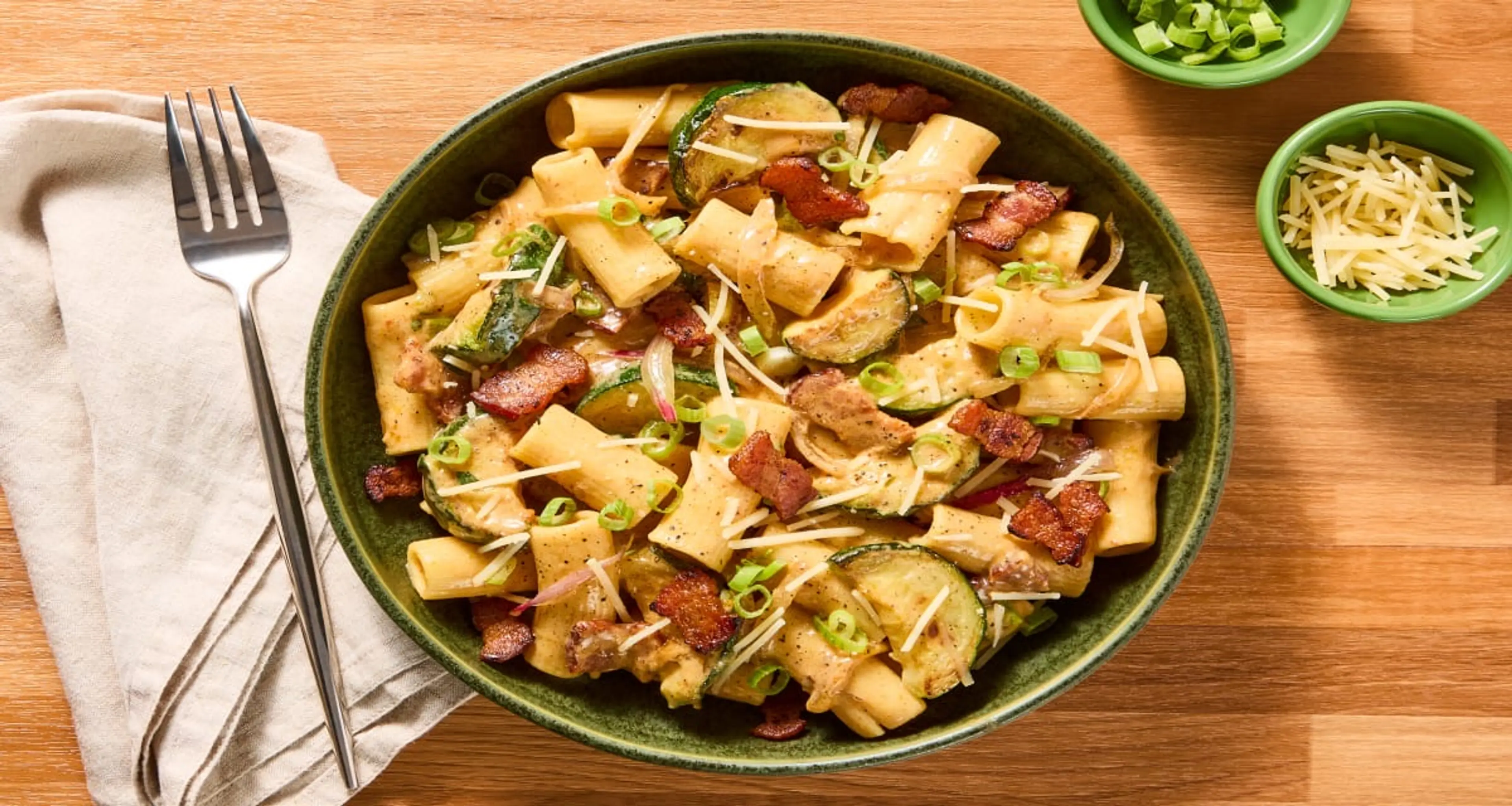 Spicy Miso Rigatoni With Bacon plus Caramelized Shallot, Zuc