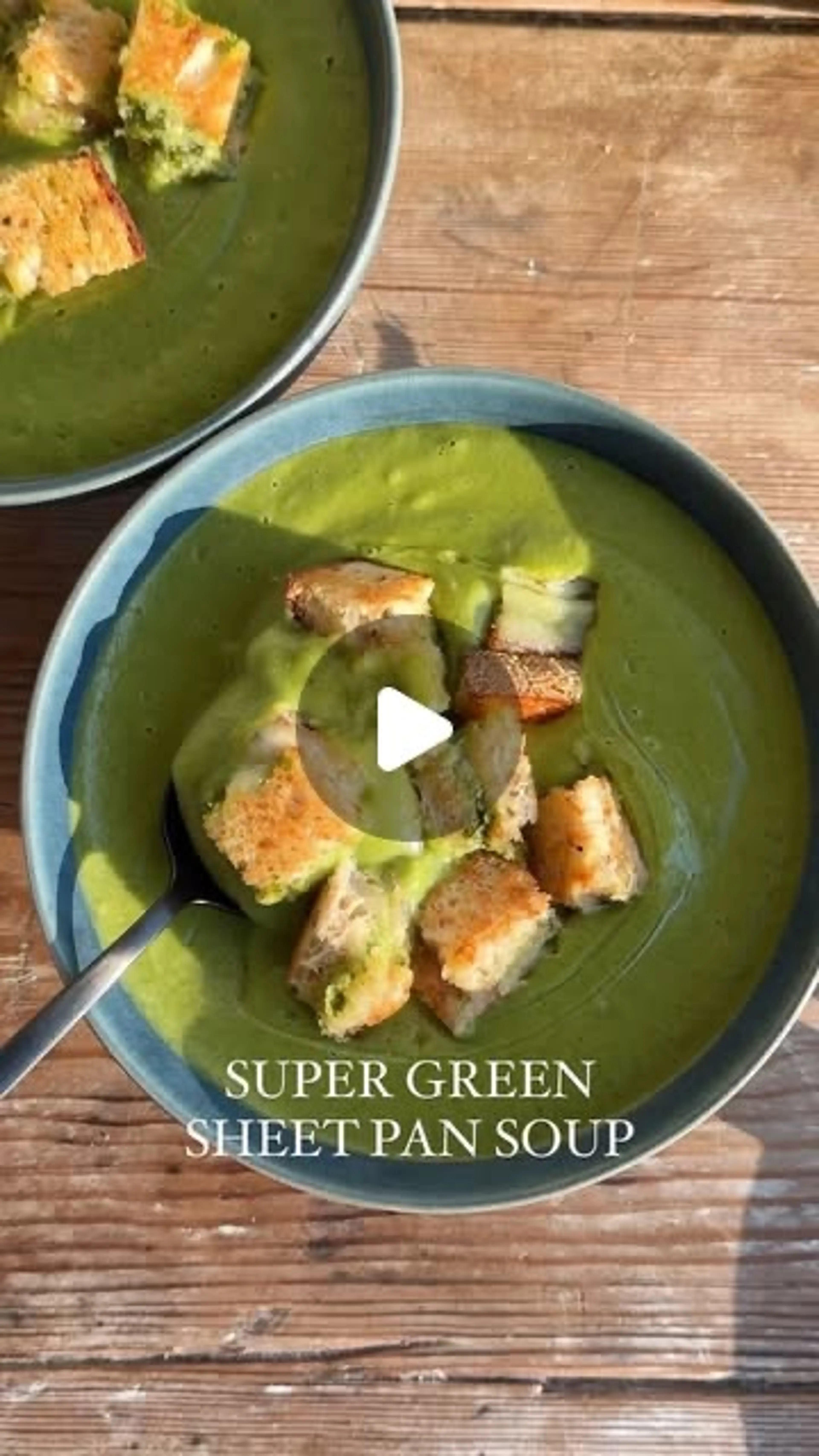 Super Green Sheet Pan Soup with Pesto Grilled Cheese Crouton