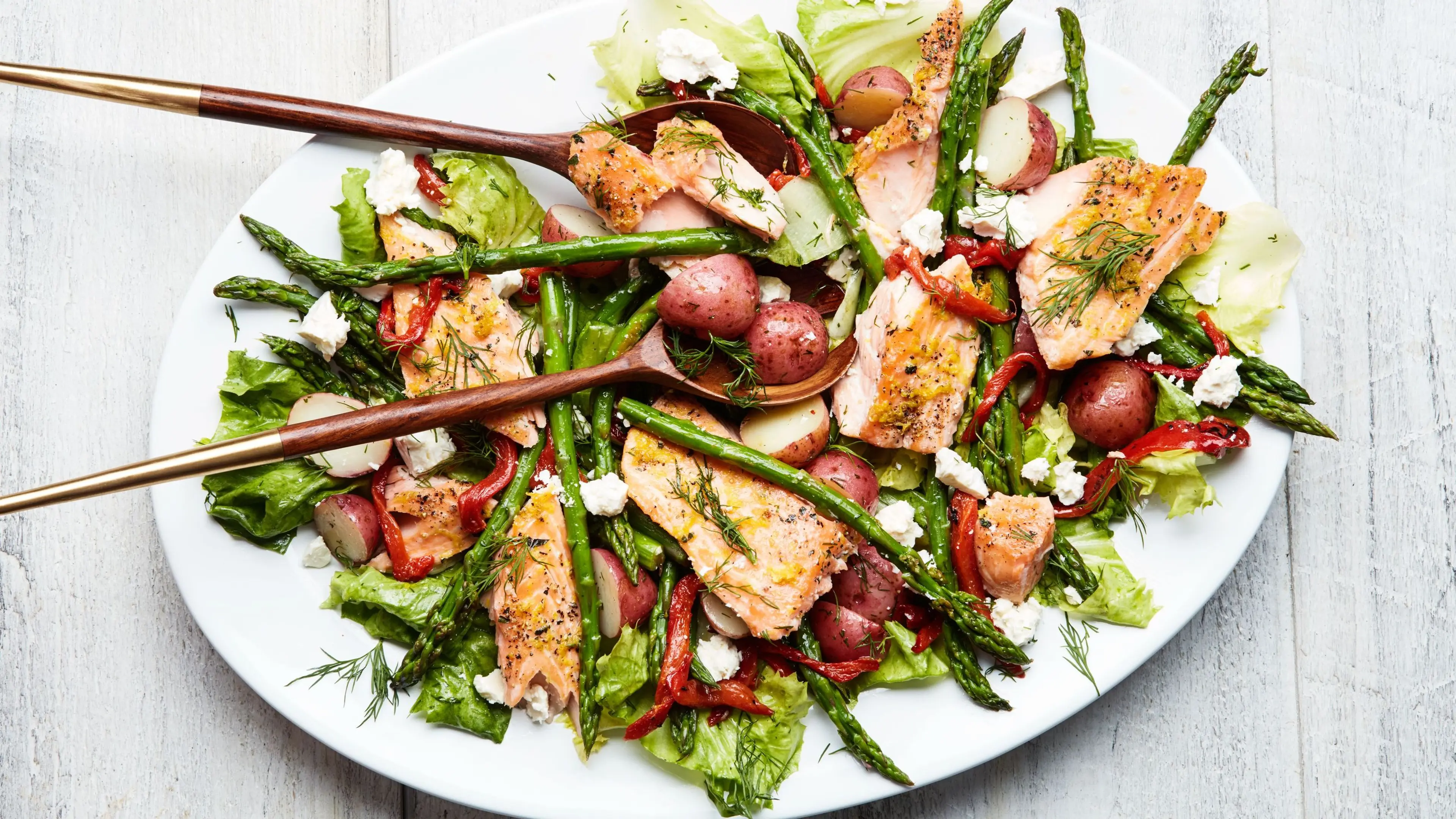 Lemon-Roasted Salmon With Escarole, Asparagus, and Potatoes