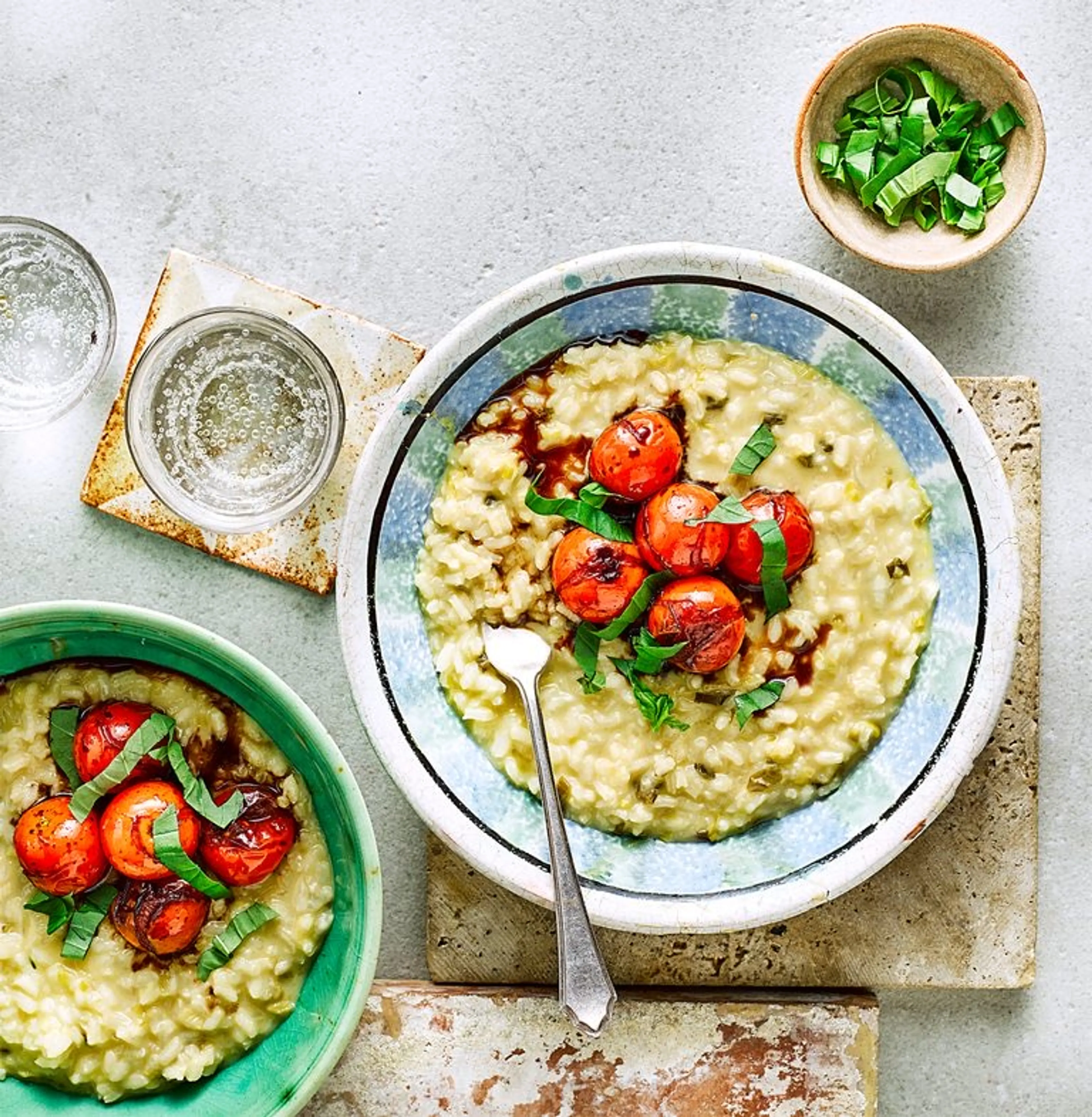Cheddar and spring onion risotto with balsamic tomatoes